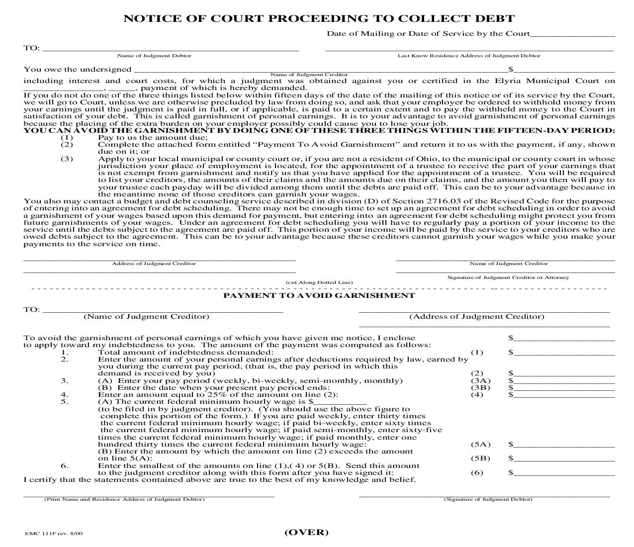 Notice Of Court Proceeding To Collect Debt {EMC 111F} | Pdf Fpdf Doc Docx | Ohio