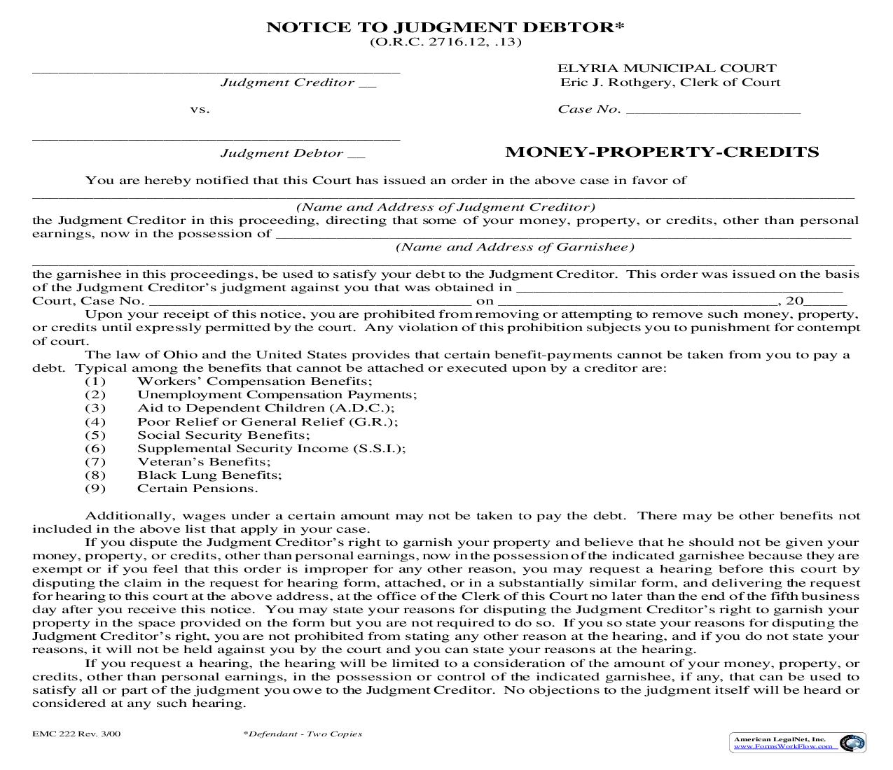Notice To Judgment Debtor Money Property Credits {EMC 222} | Pdf Fpdf Doc Docx | Ohio