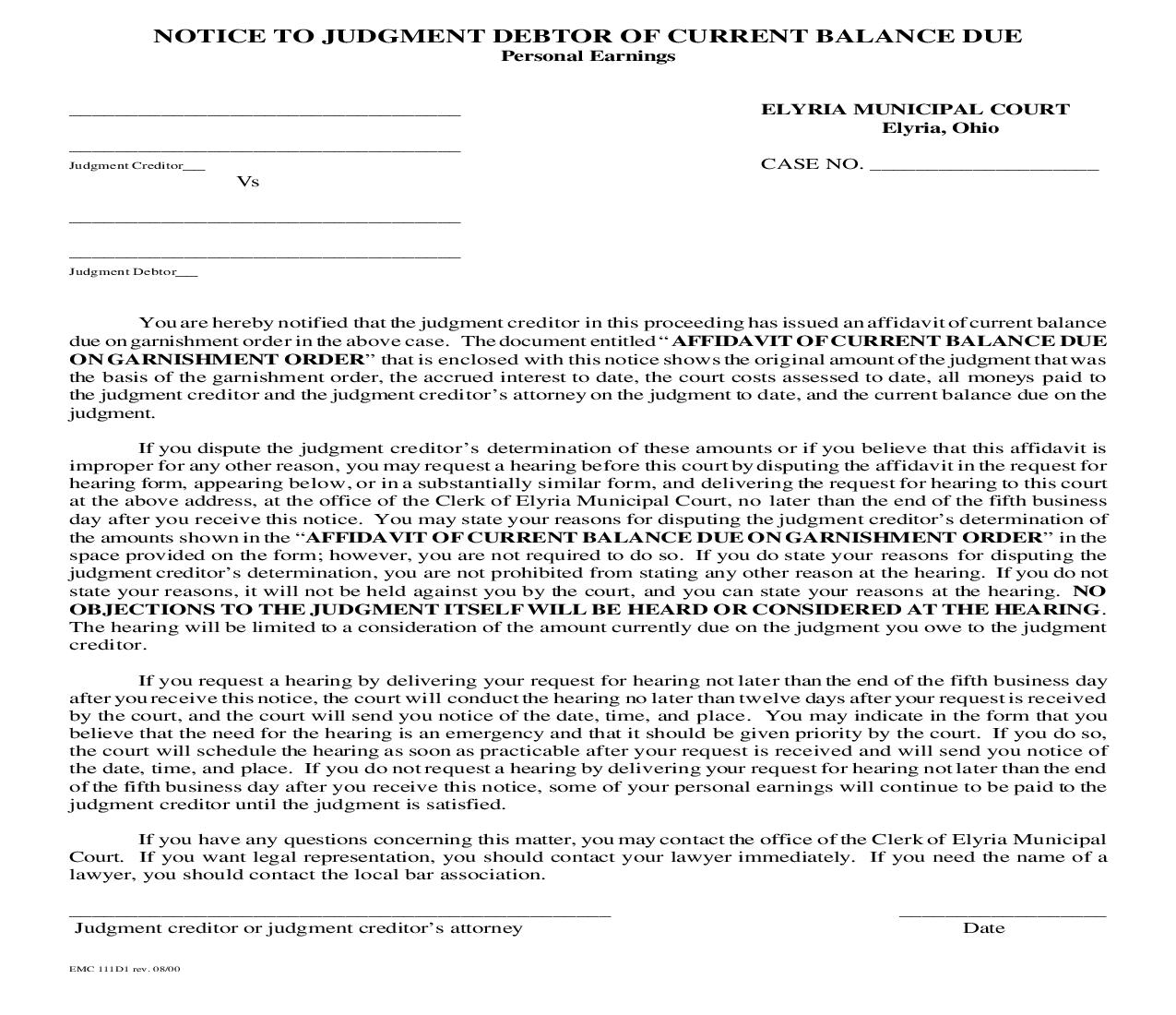 Notice To Judgment Debtor Of Current Balance Due {EMC 111D1} | Pdf Fpdf Doc Docx | Ohio