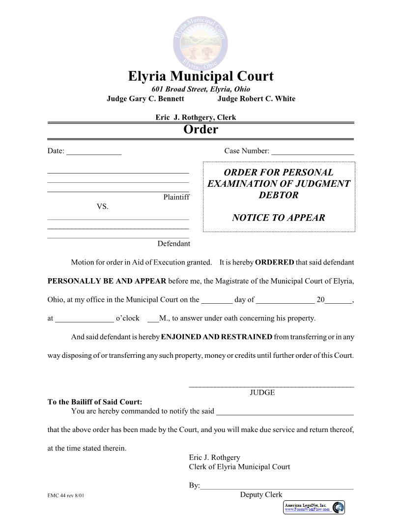 Order For Personal Examination Of Judgment Debtor Notice To Appear {EMC 44} | Pdf Fpdf Docx | Ohio