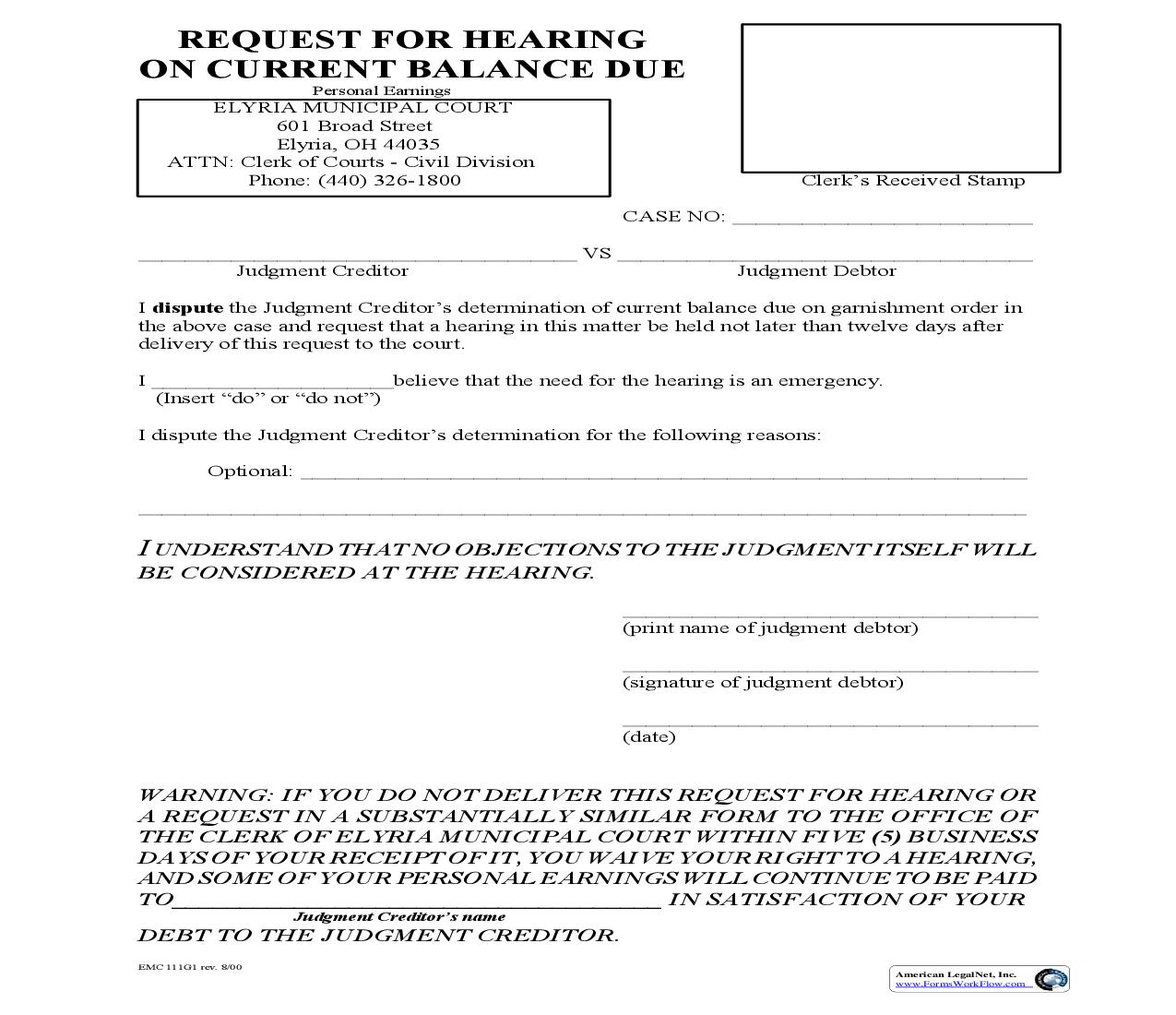 Request For Hearing On Current Balance Due {EMC 111G1} | Pdf Fpdf Doc Docx | Ohio