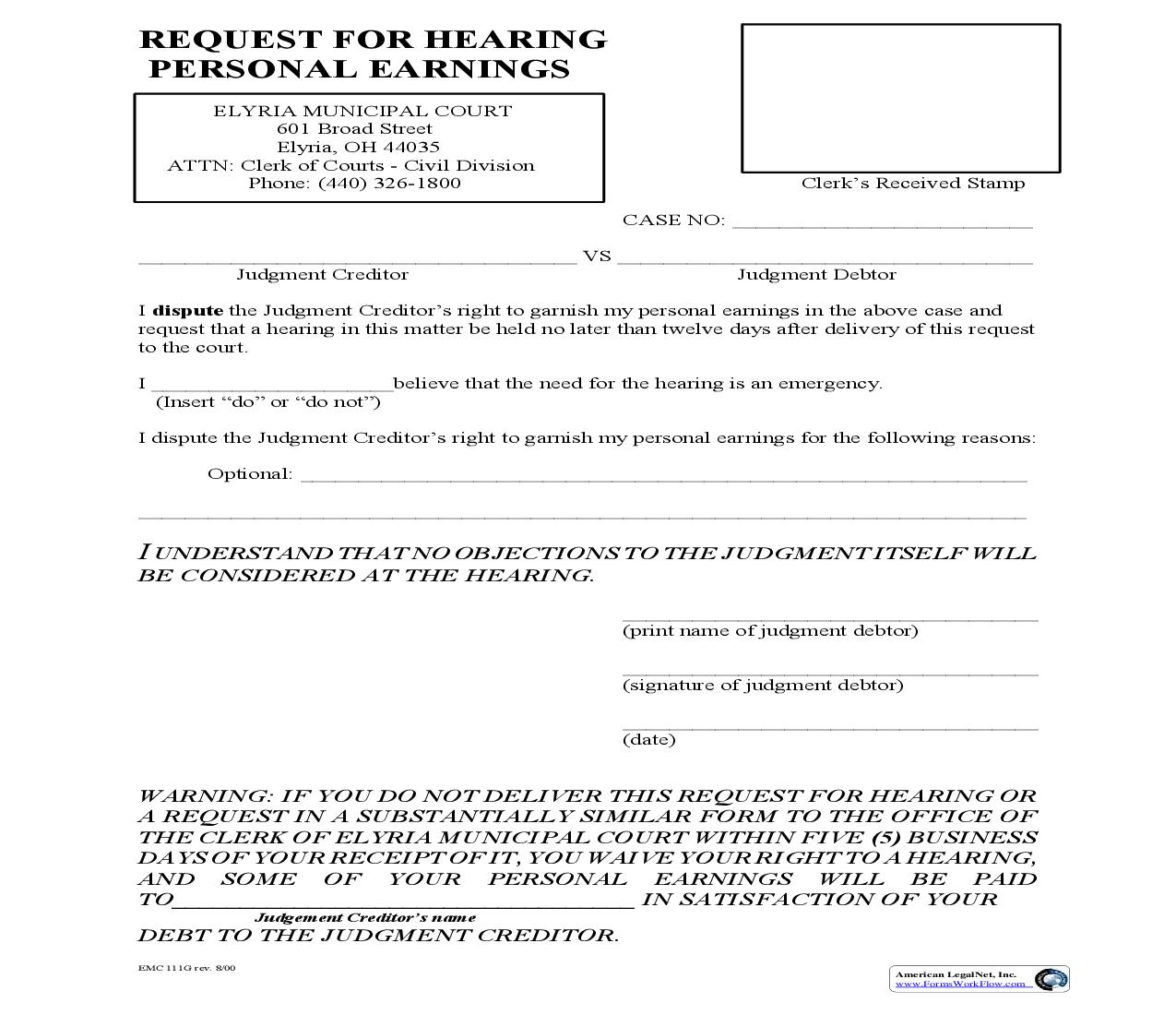 Request For Hearing Personal Earnings {EMC 111G} | Pdf Fpdf Doc Docx | Ohio
