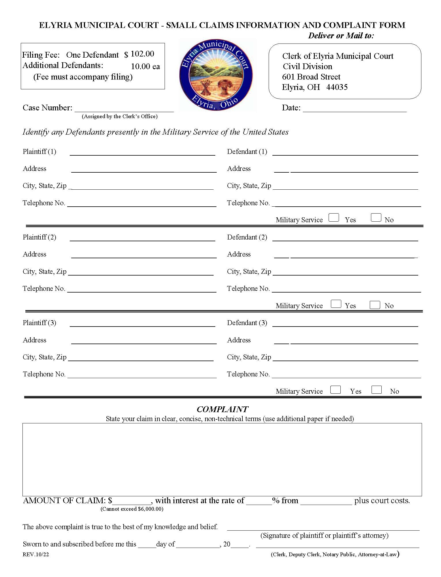 Small Claims Information And Complaint Form | Pdf Fpdf Docx | Ohio