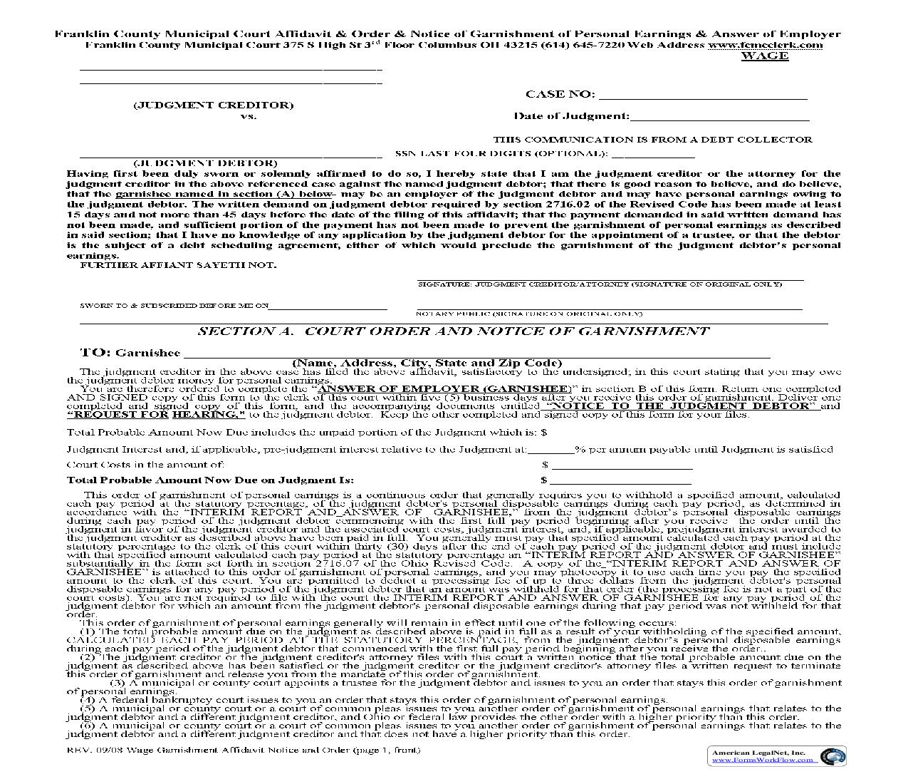 Affidavit And Order And Notice Of Garnishment Of Personal Earnings | Pdf Fpdf Doc Docx | Ohio