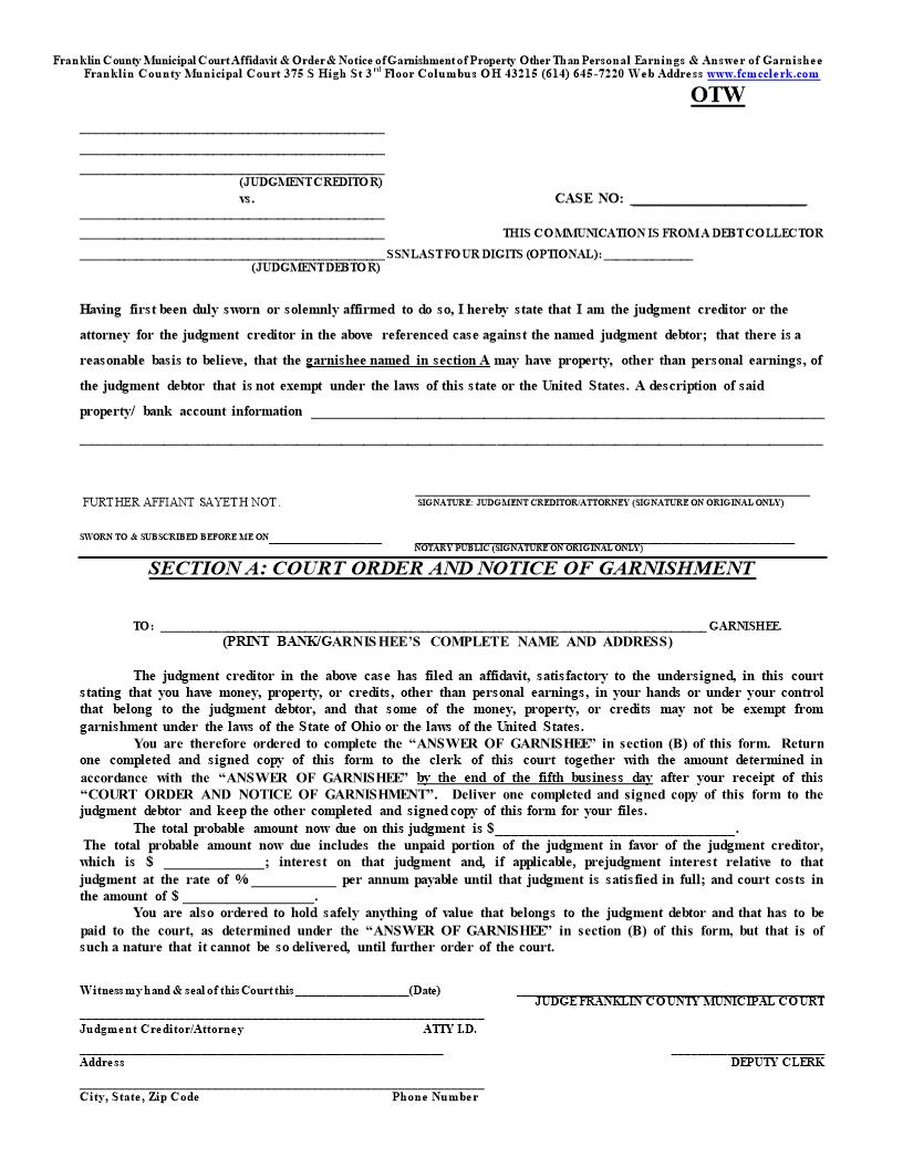 Affidavit And Order And Notice Of Garnishment Of Property Other | Pdf Fpdf Doc Docx | Ohio