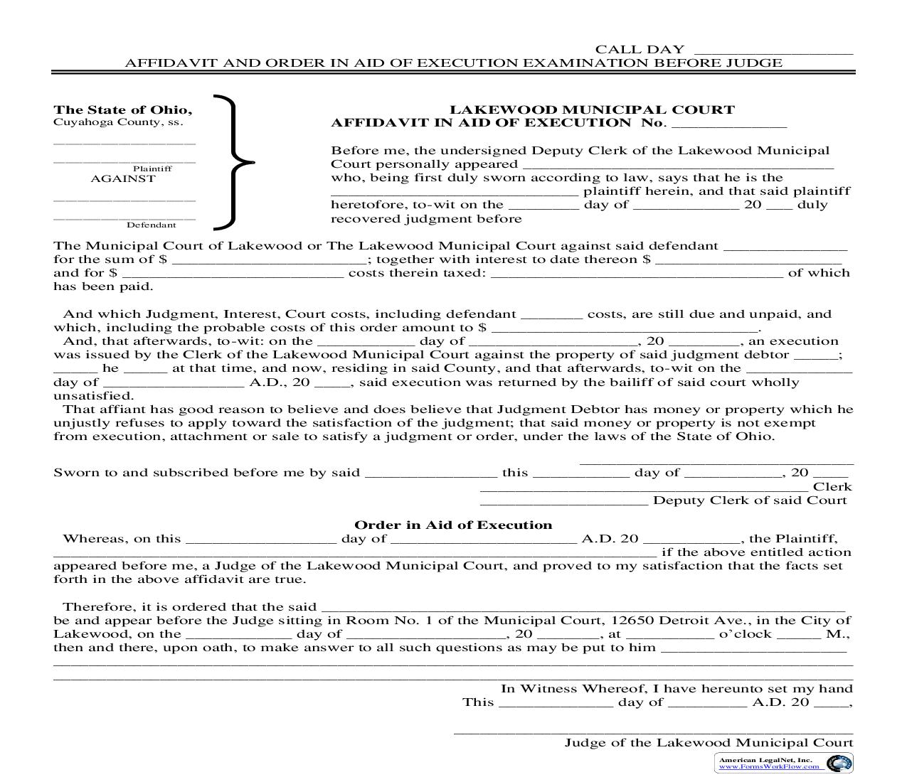 Affidavit And Order In Aid Of Execution Examination Before Judge | Pdf Fpdf Doc Docx | Ohio
