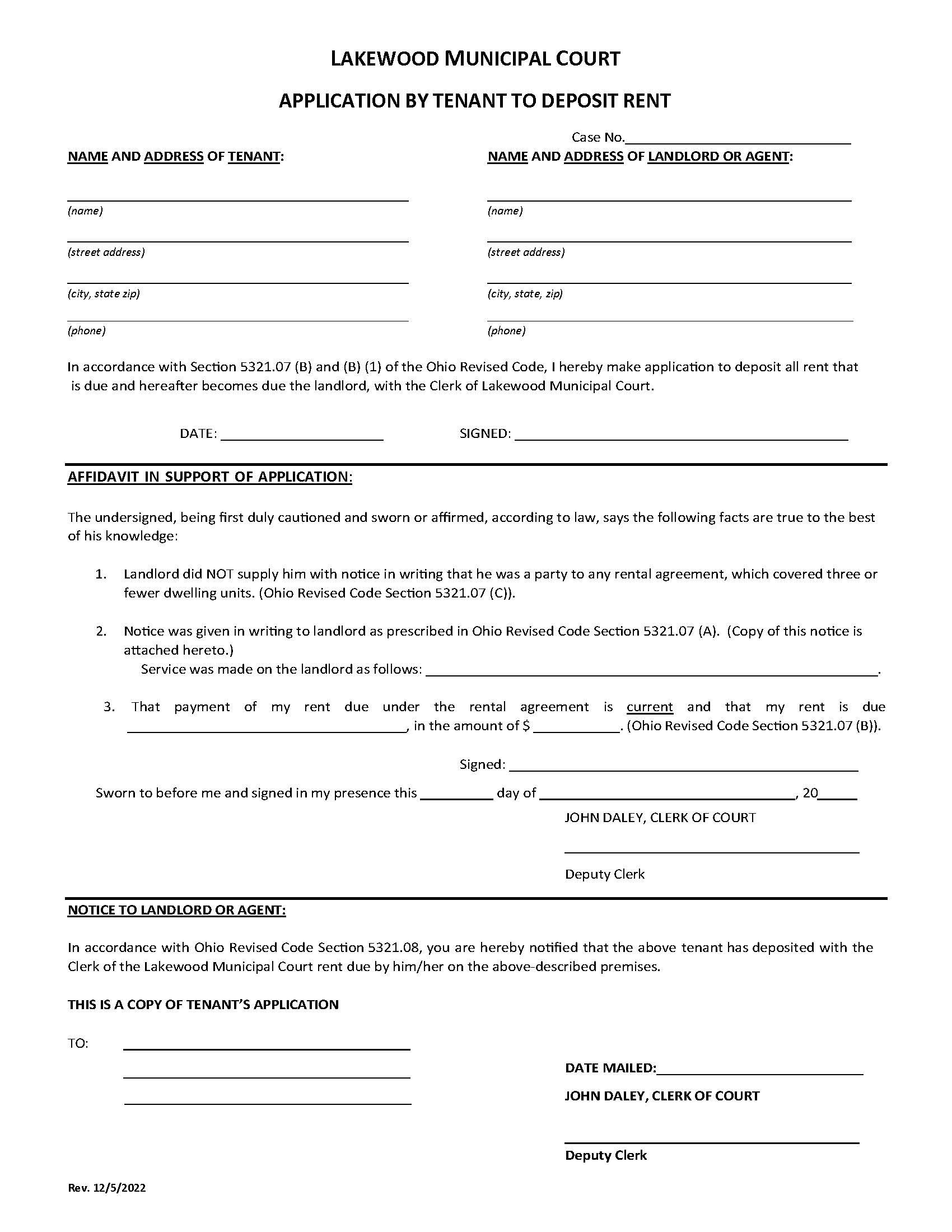 Application By Tenant To Deposit Rent | Pdf Fpdf Doc Docx | Ohio