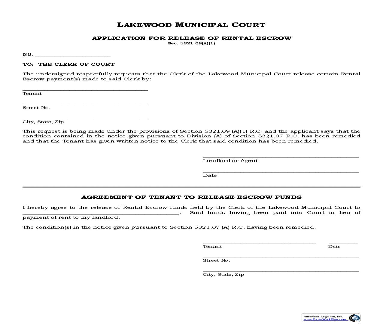 Application For Release Of Rental Escrow | Pdf Fpdf Doc Docx | Ohio