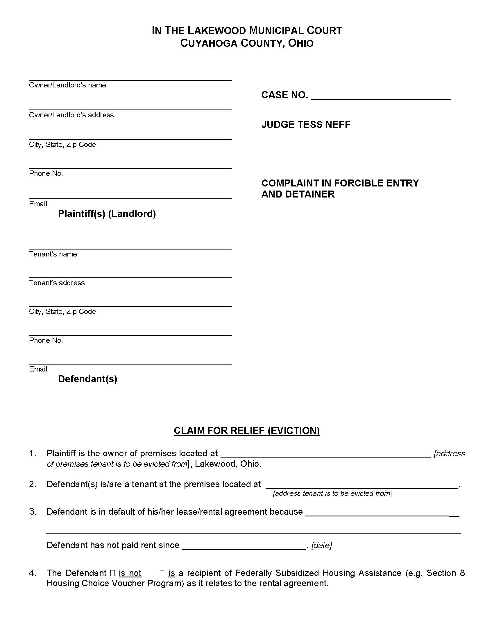 Complaint In Forcible Entry And Detainer | Pdf Fpdf Doc Docx | Ohio