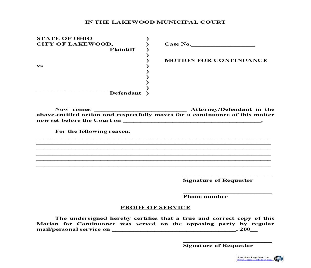 Motion For Continuance | Pdf Fpdf Doc Docx | Ohio