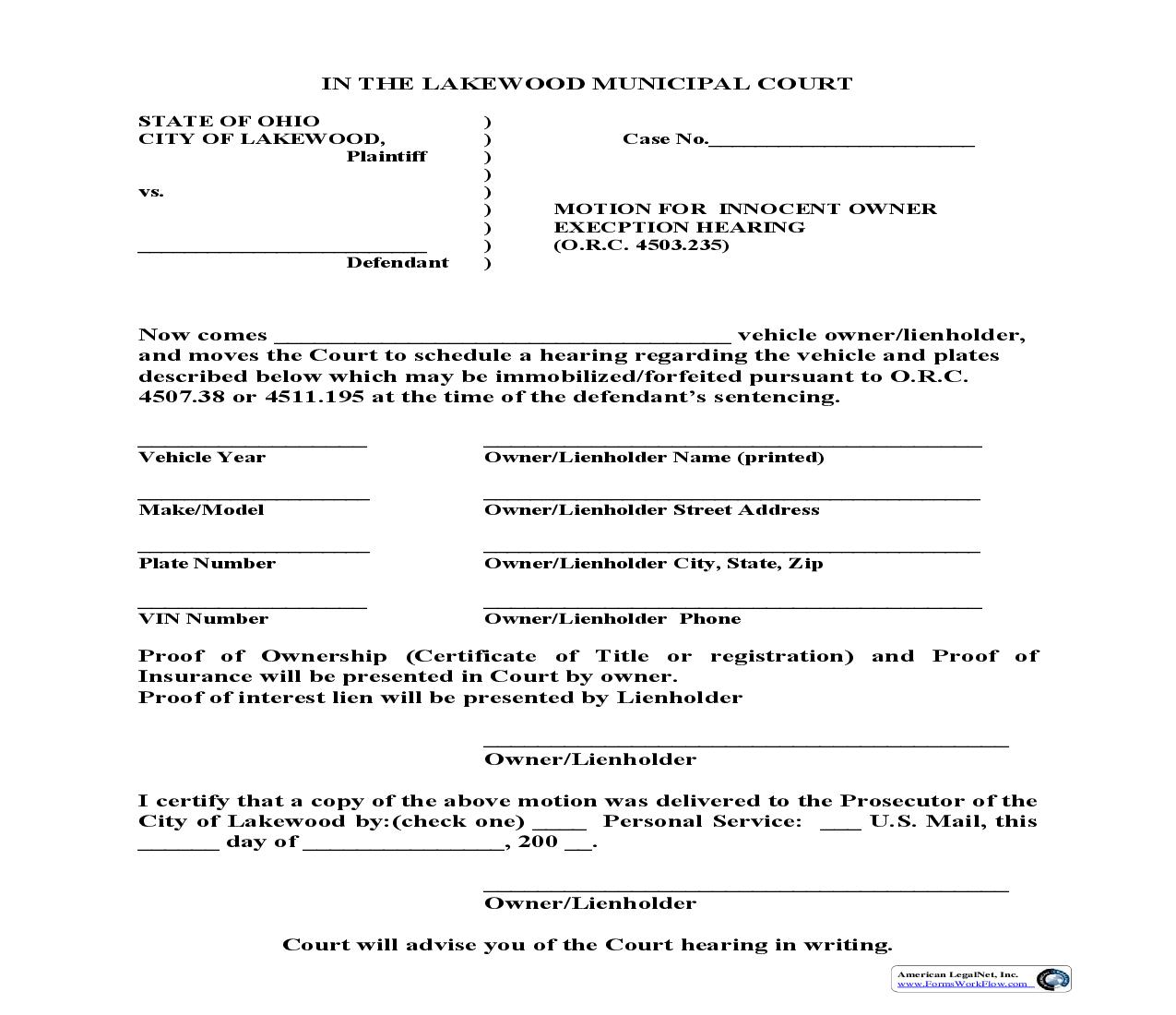 Motion For Innocent Owner Exception Hearing | Pdf Fpdf Doc Docx | Ohio