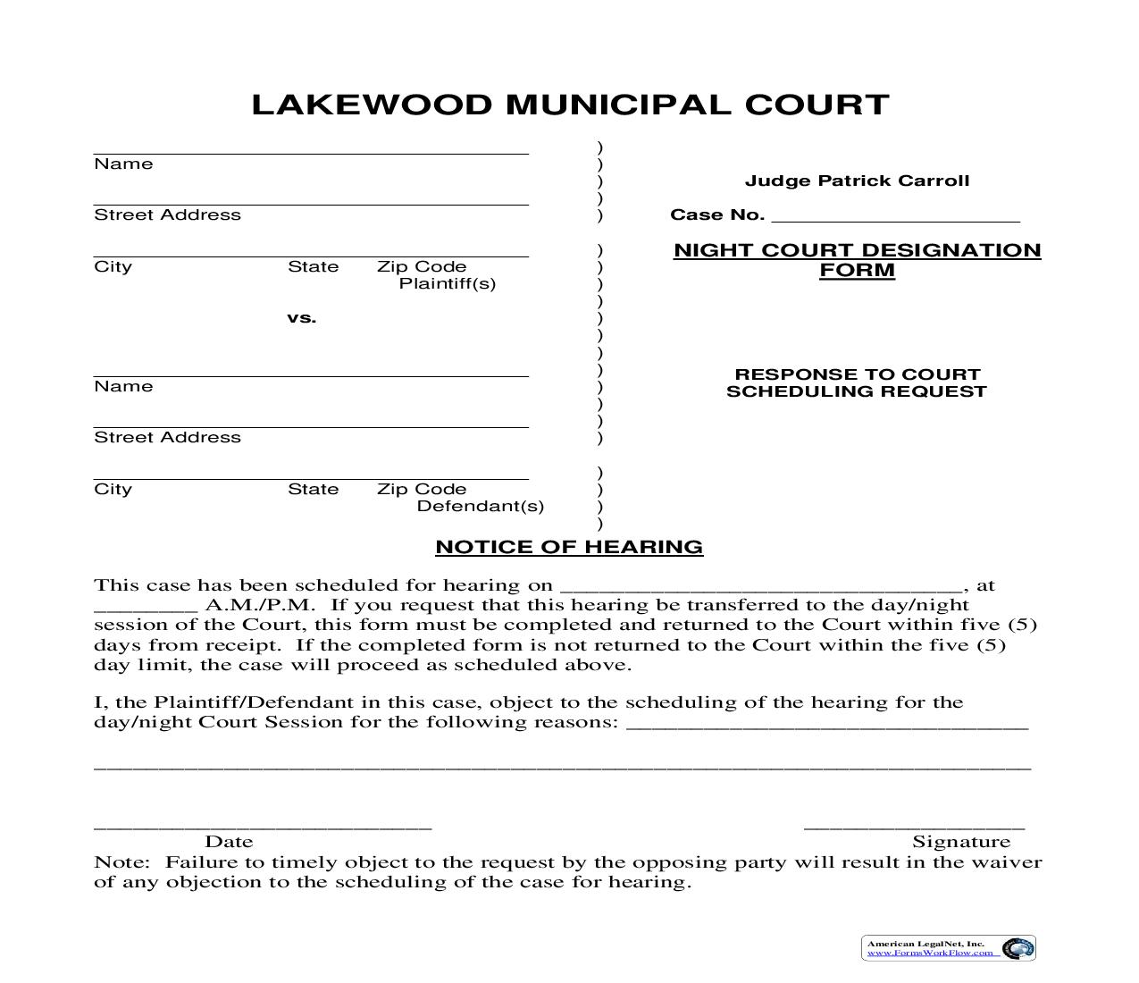 Night Court Designation Form Response To Court Scheduling Request | Pdf Fpdf Doc Docx | Ohio