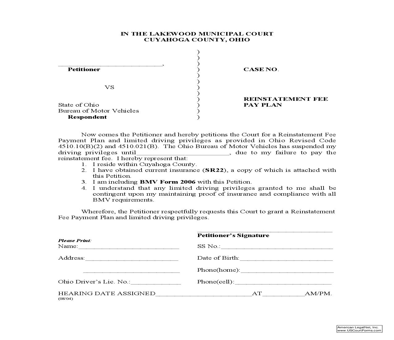 Reinstatement Fee Pay Plan | Pdf Fpdf Doc Docx | Ohio