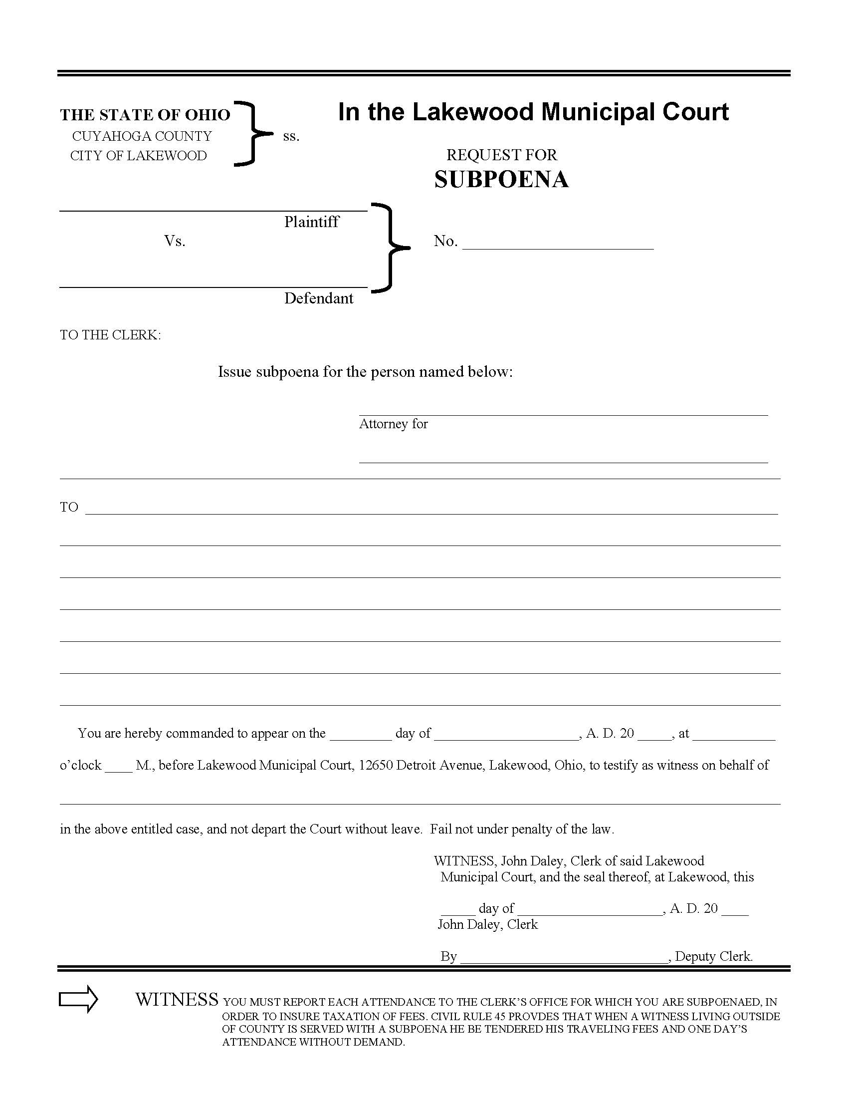 Request For Subpoena | Pdf Fpdf Doc Docx | Ohio