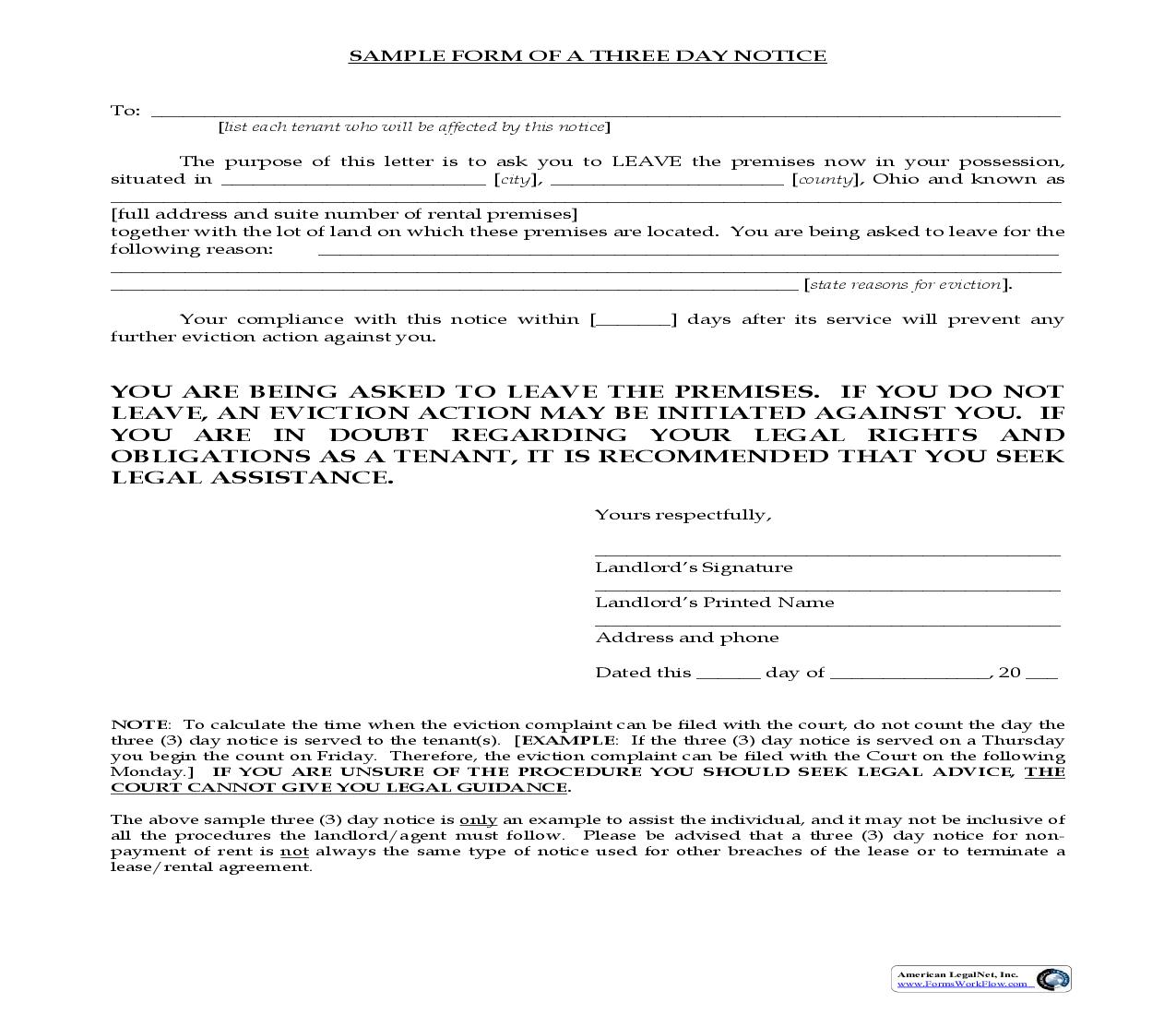 Sample Form Of A Three Day Notice | Pdf Fpdf Doc Docx | Ohio