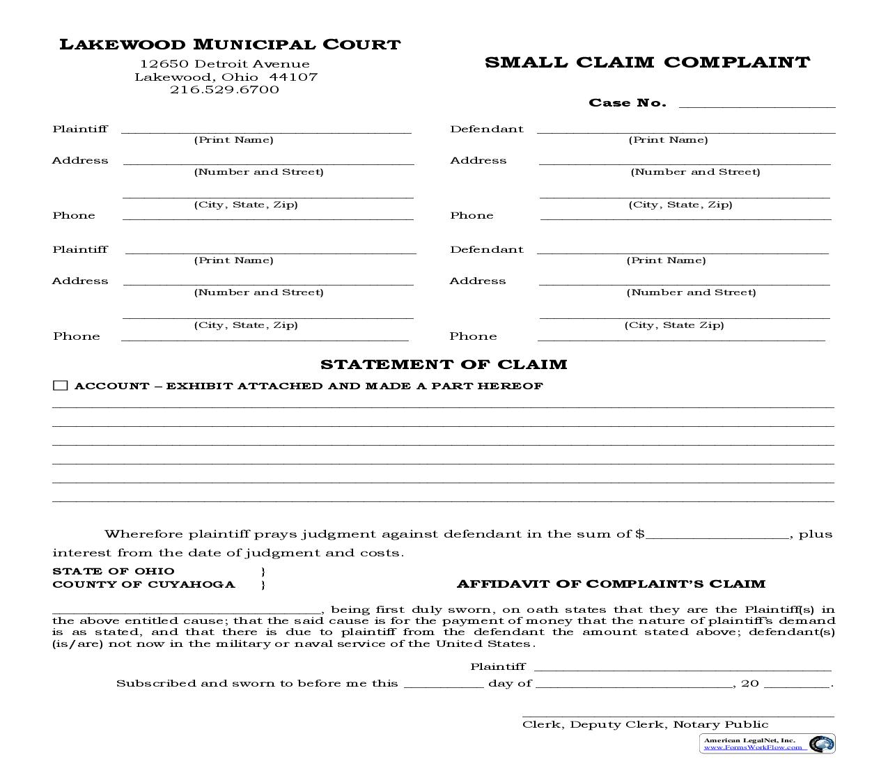 Small Claims Complaint | Pdf Fpdf Doc Docx | Ohio