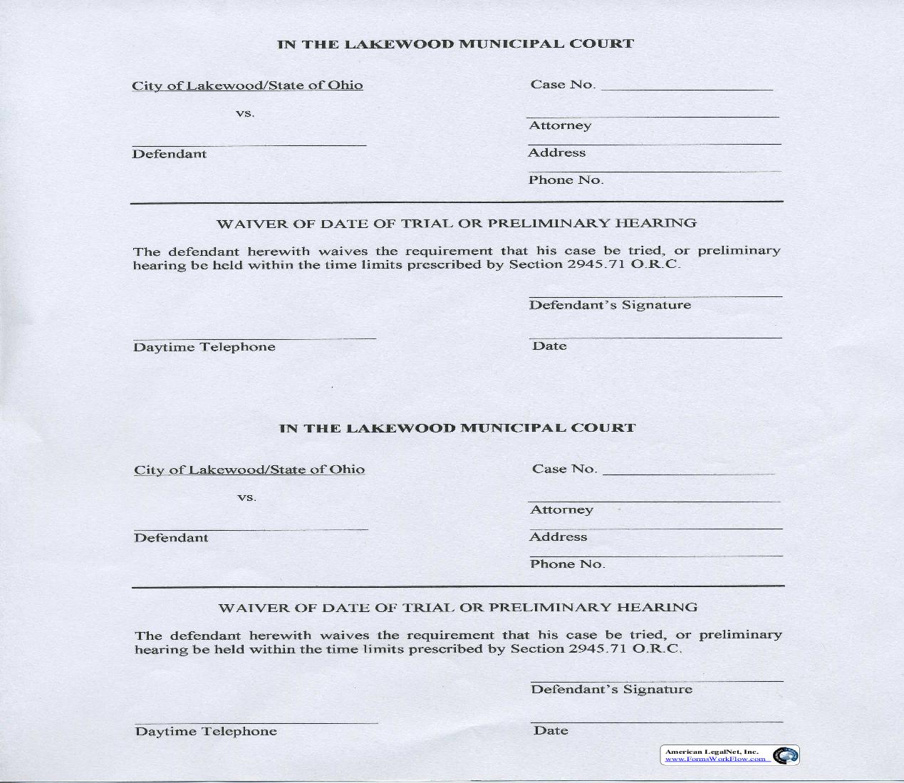 Waiver Of Date Of Trial Or Preliminary Hearing | Pdf Fpdf Doc Docx | Ohio