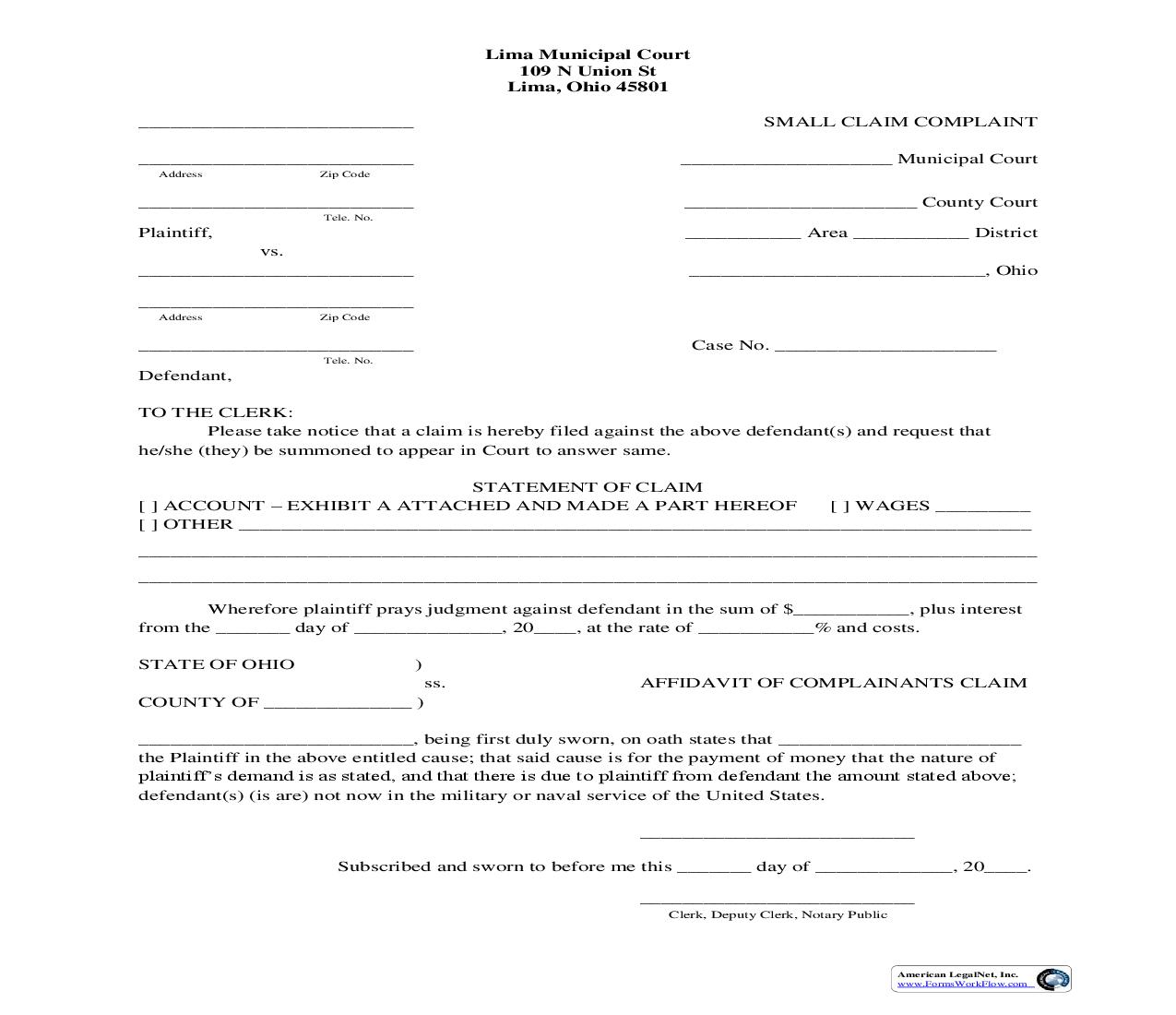 Small Claim Complaint (Statement Of Claim) | Pdf Fpdf Doc Docx | Ohio