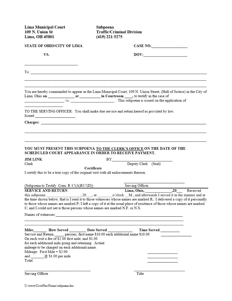Subpoena | Pdf Fpdf Doc Docx | Ohio