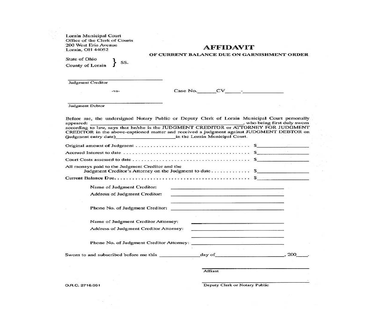 Affidavit Of Current Balance Due On Garnishment Order | Pdf Fpdf Doc Docx | Ohio