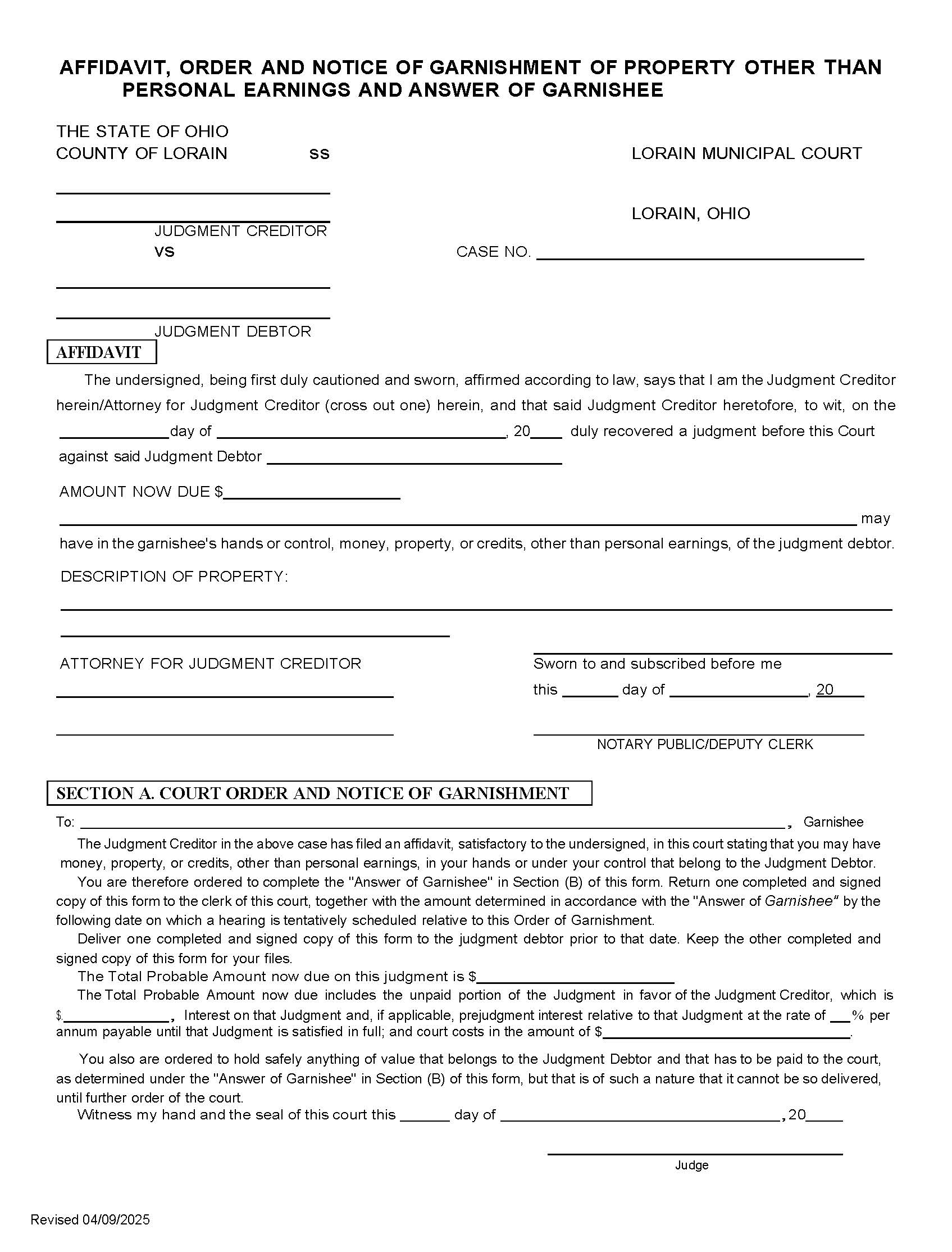 Affidavit Order And Notice Of Garnishment Of Property Other Than Personal Earnings | Pdf Fpdf Doc Docx | Ohio