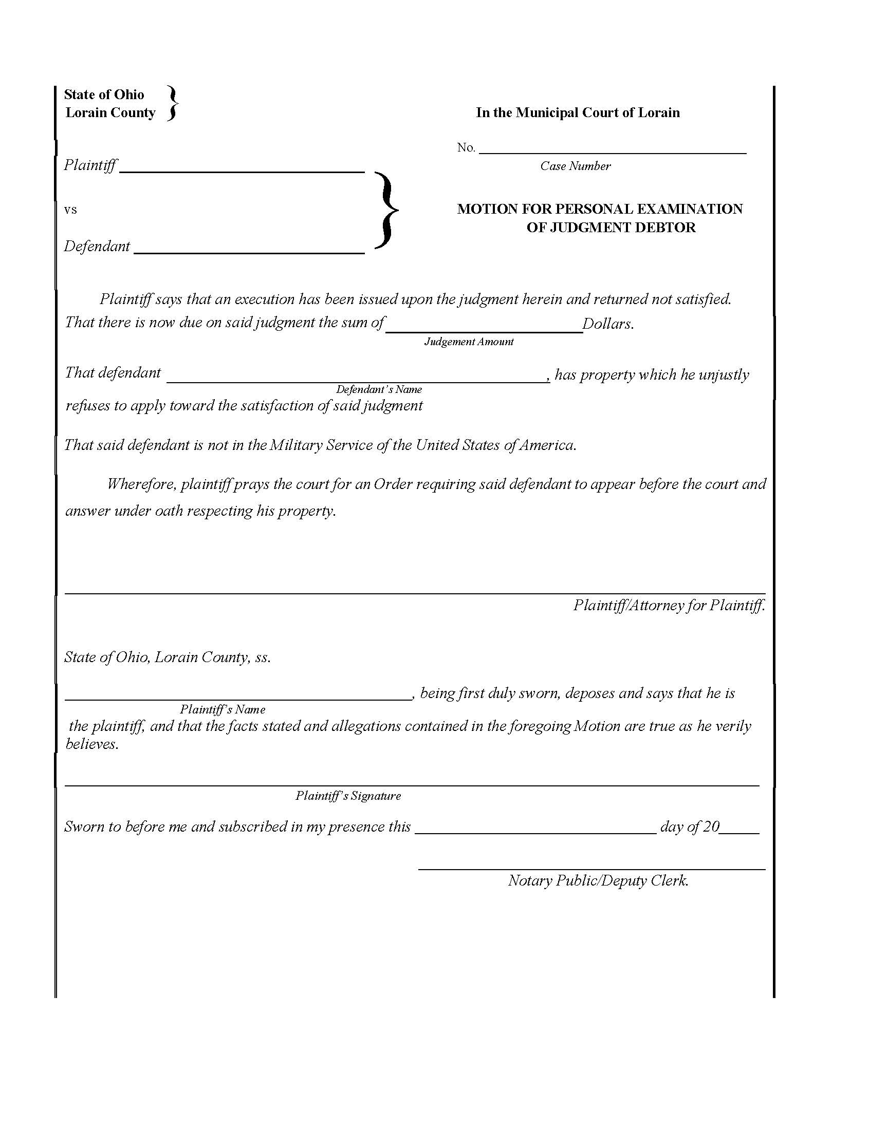 Motion For Personal Examination Of Judgment Debtor | Pdf Fpdf Doc Docx | Ohio