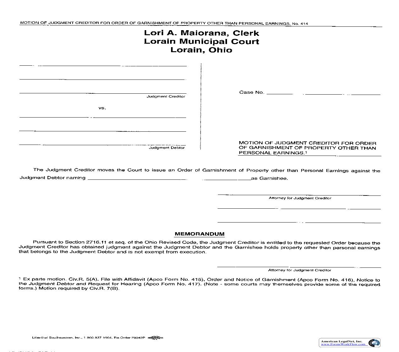 Motion Of Judgment Creditor For Order Of Garnishment Of Property Other Than Personal Earnings | Pdf Fpdf Doc Docx | Ohio