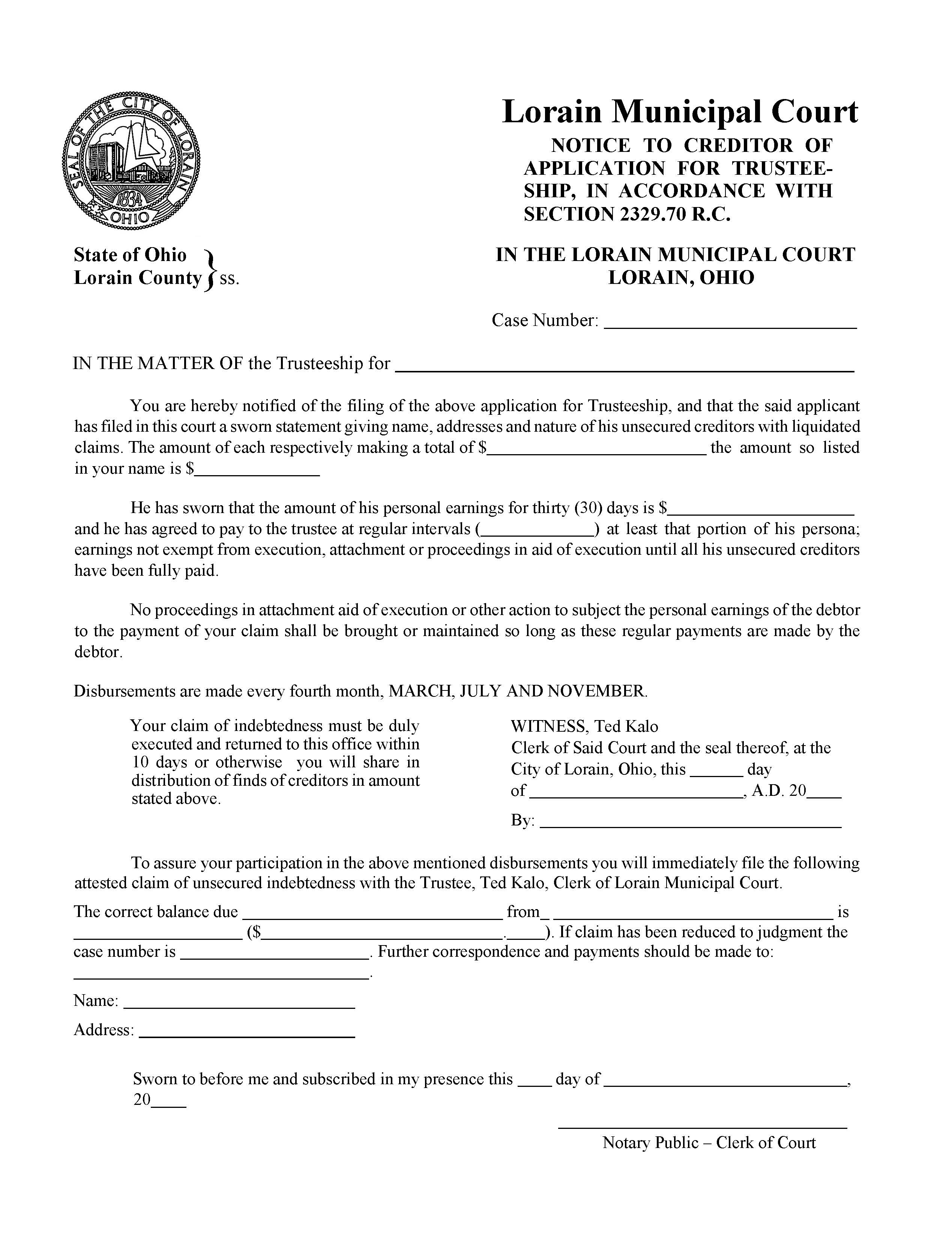 Notice To Creditor Of Application For Trusteeship | Pdf Fpdf Doc Docx | Ohio