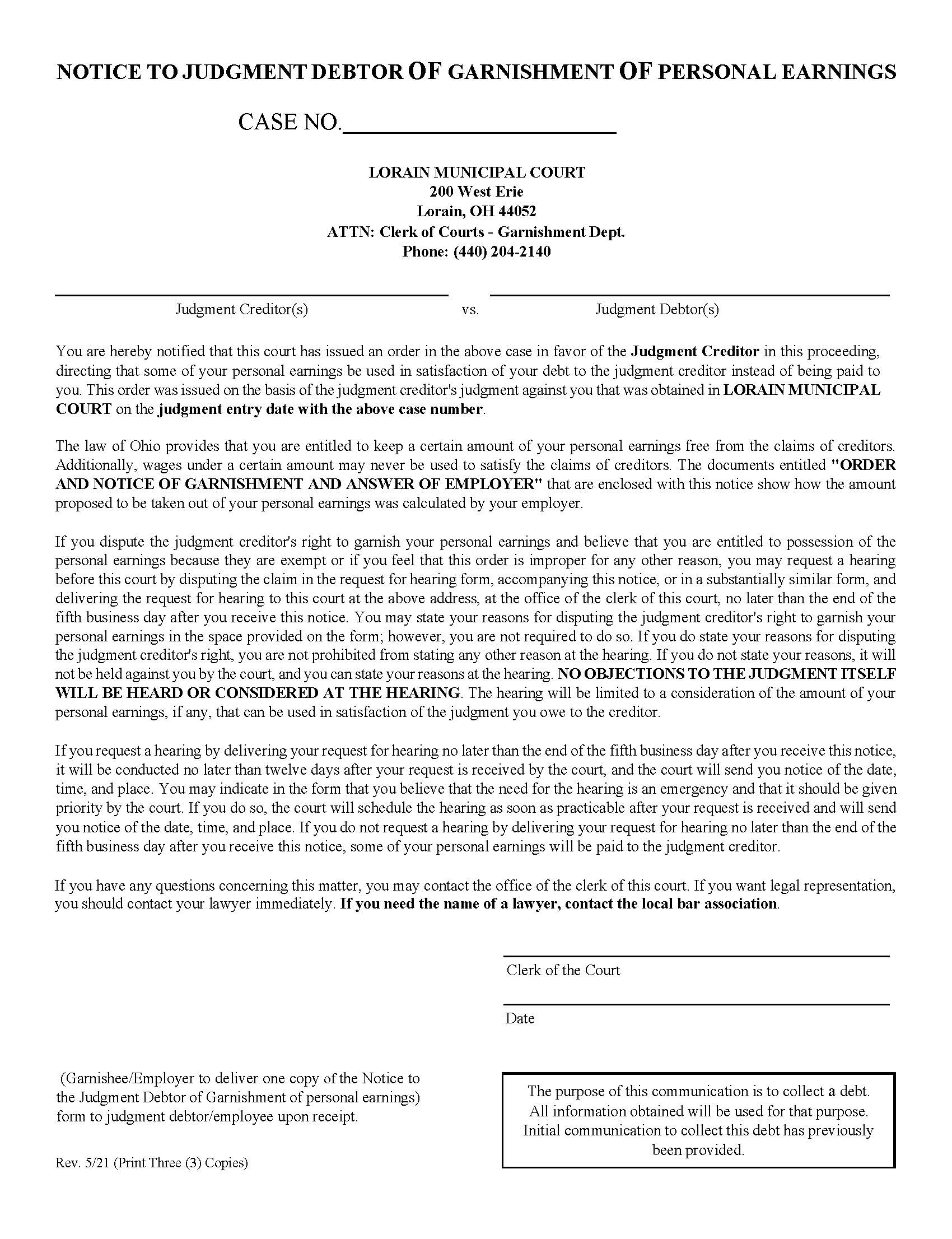 Notice To Judgment Debtor Of Garnishment Of Personal Earnings | Pdf Fpdf Doc Docx | Ohio