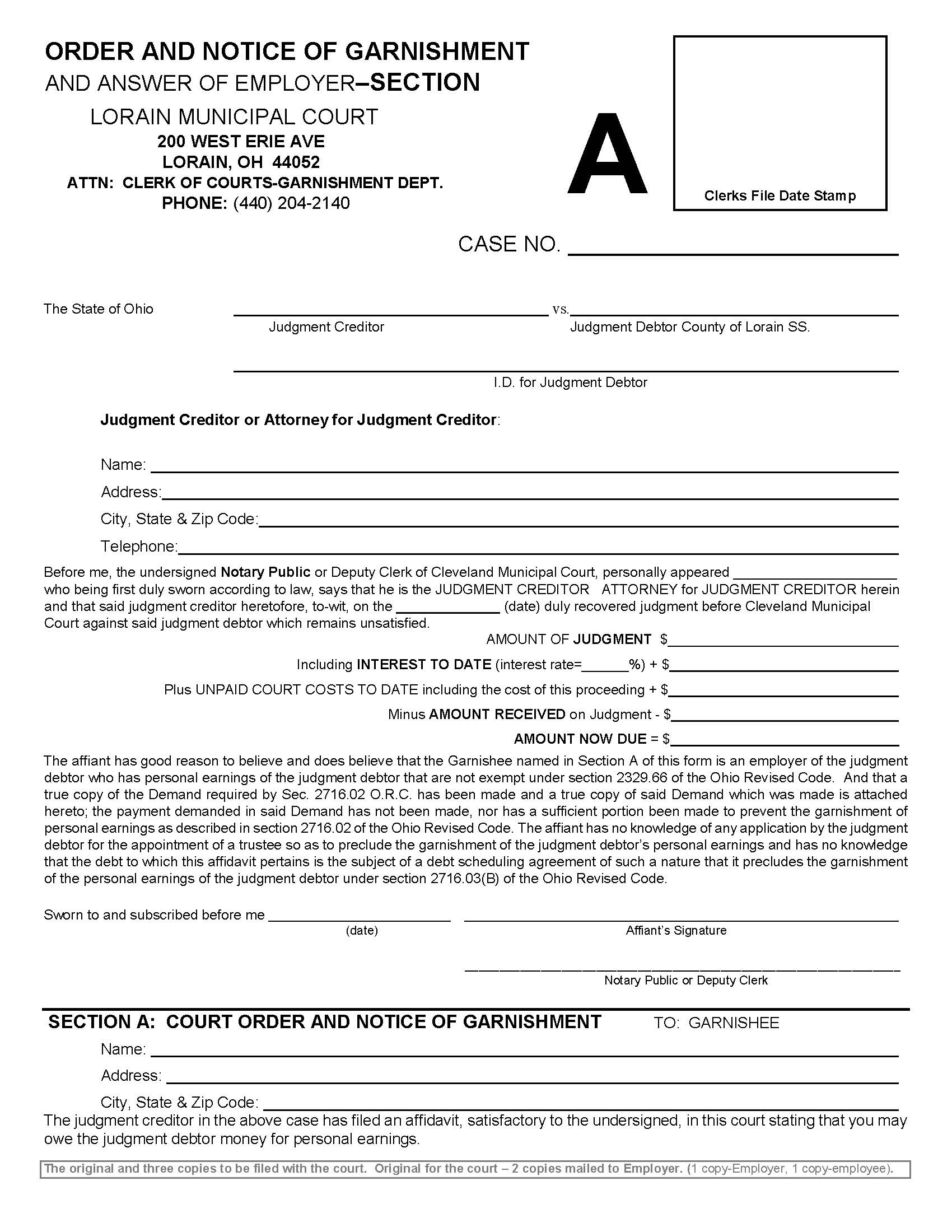 Order And Notice Of Garnishment And Answer Of Employer - Section A | Pdf Fpdf Doc Docx | Ohio