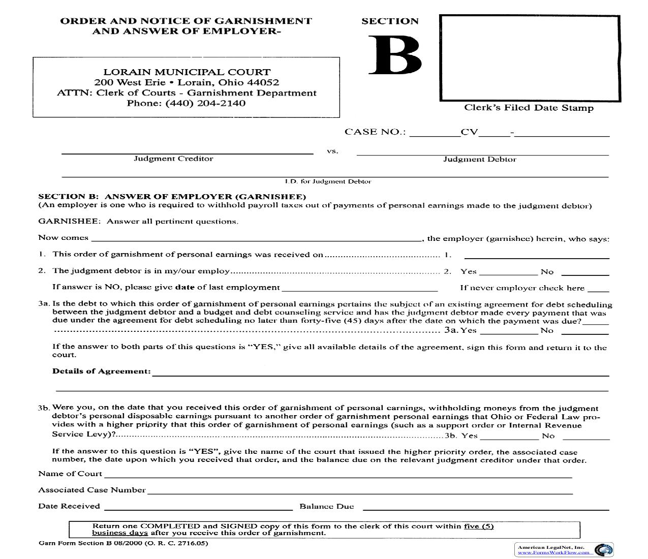Order And Notice Of Garnishment And Answer Of Employer - Section B | Pdf Fpdf Doc Docx | Ohio