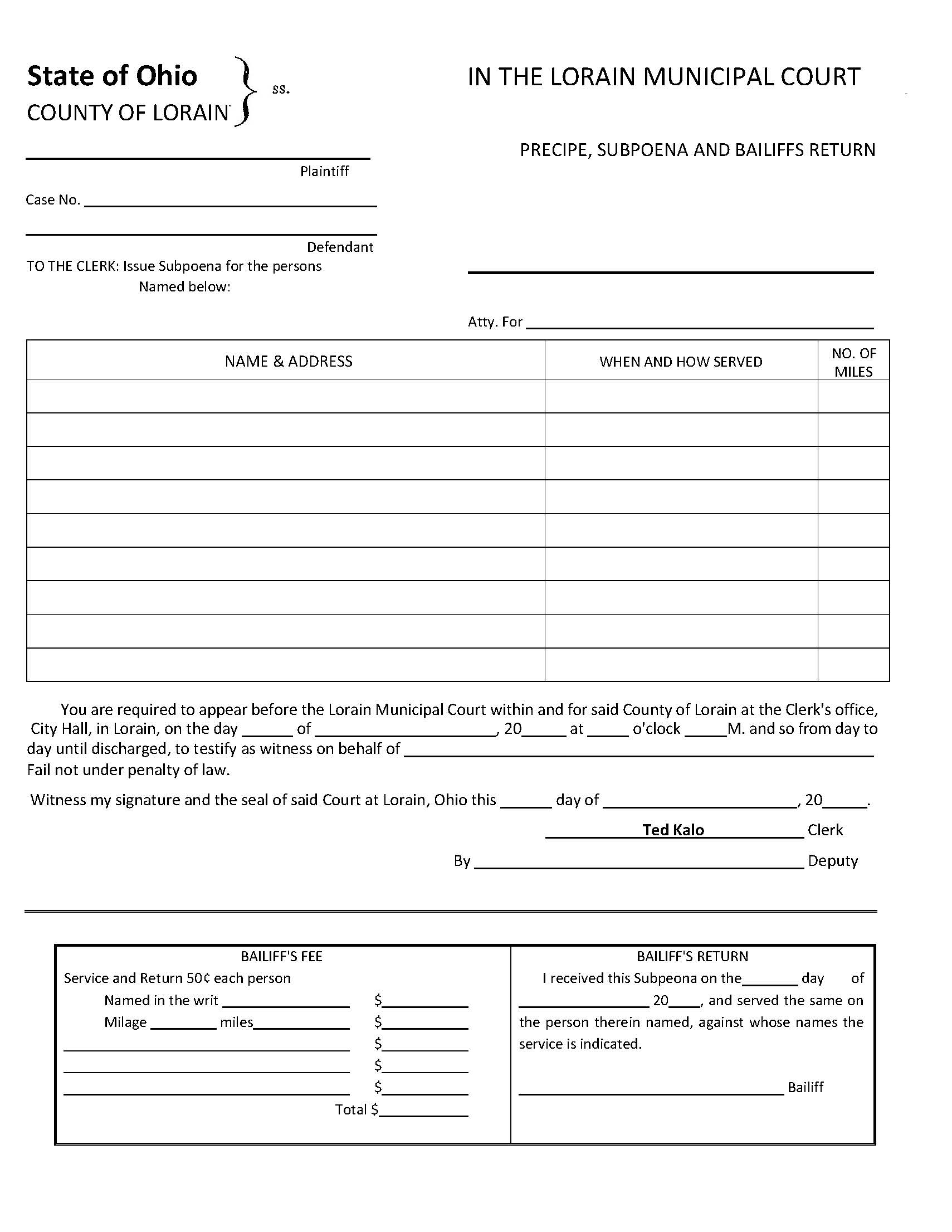 Precipe Subpoena And Bailiffs Return | Pdf Fpdf Doc Docx | Ohio