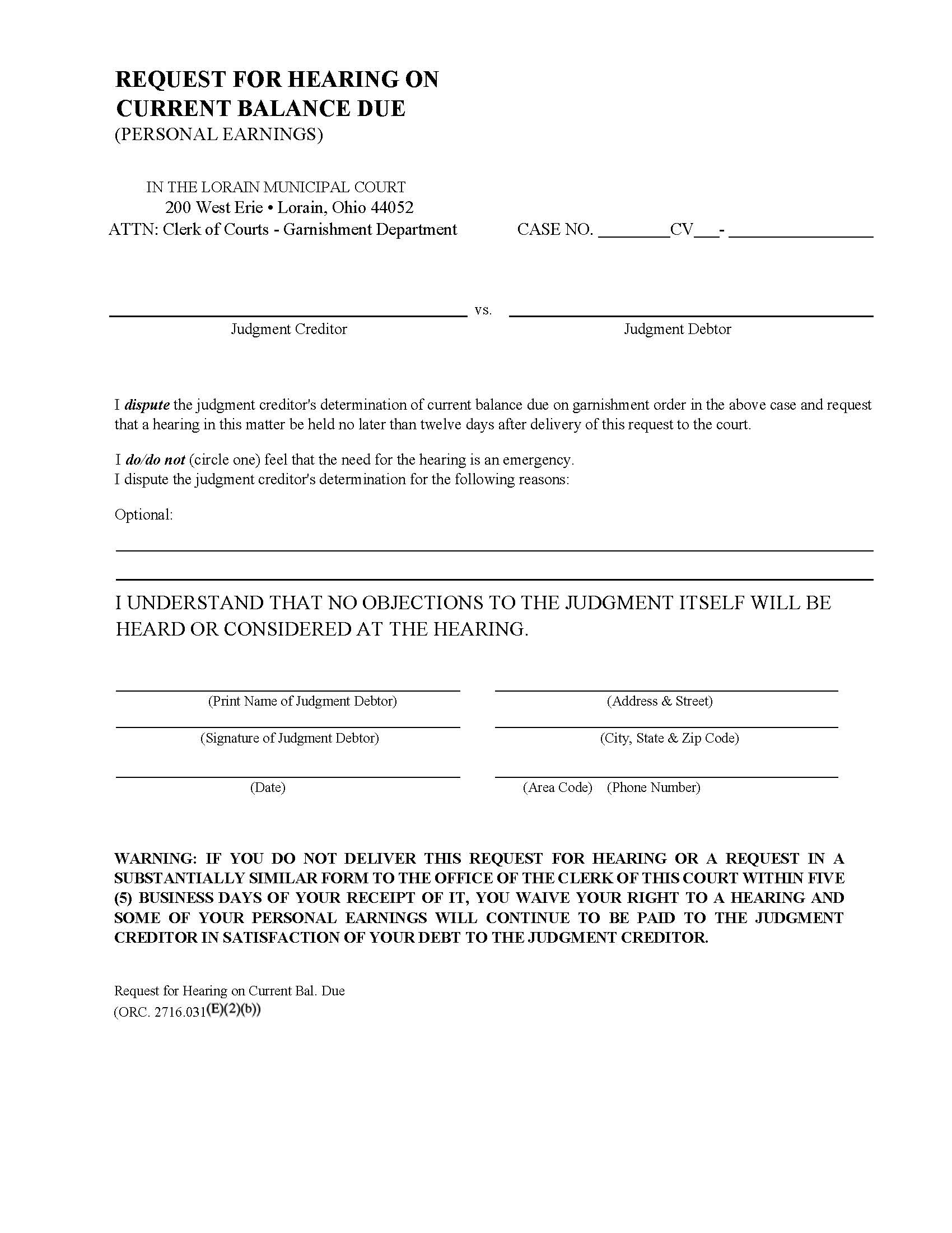 Request For Hearing On Current Balance Due | Pdf Fpdf Doc Docx | Ohio