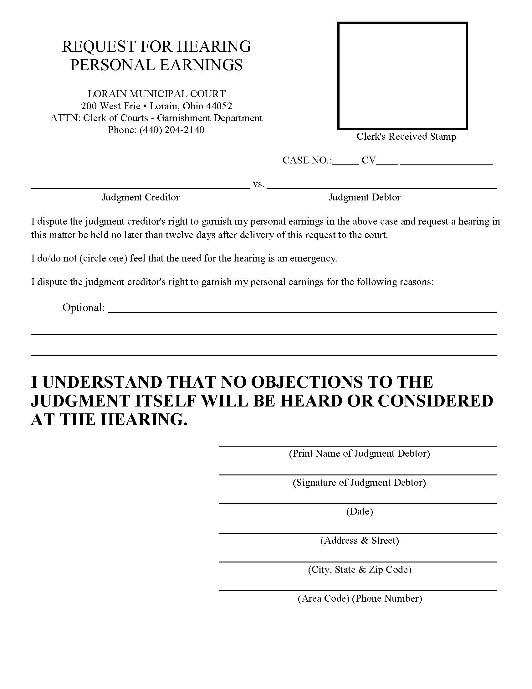 Request For Hearing Personal Earnings | Pdf Fpdf Doc Docx | Ohio