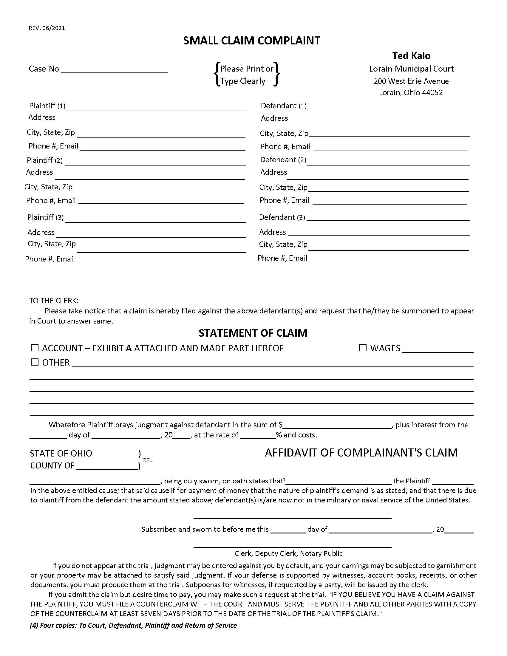 Small Claim Complaint | Pdf Fpdf Doc Docx | Ohio