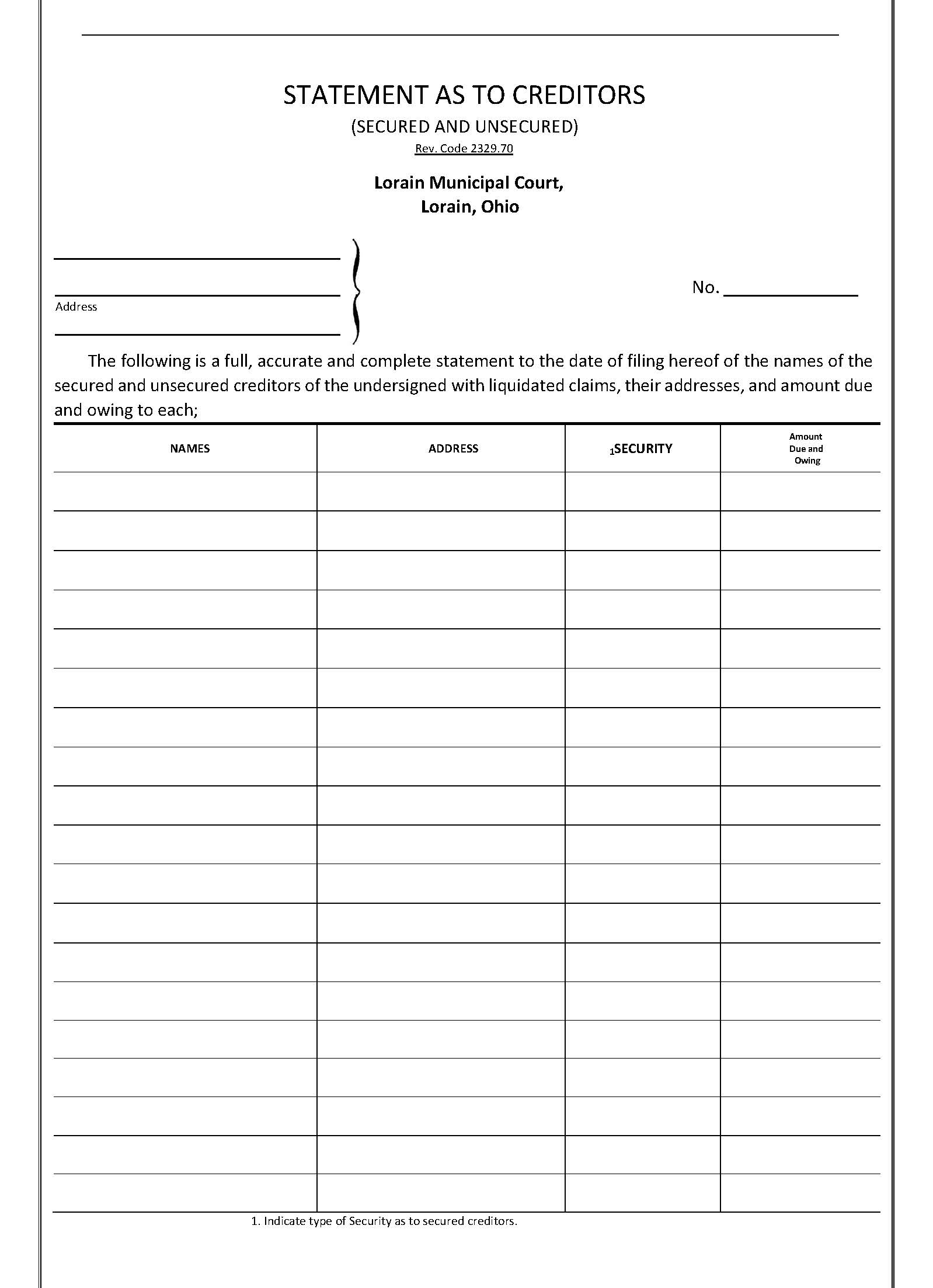 Statement As To Creditors Secured And Unsecured | Pdf Fpdf Doc Docx | Ohio