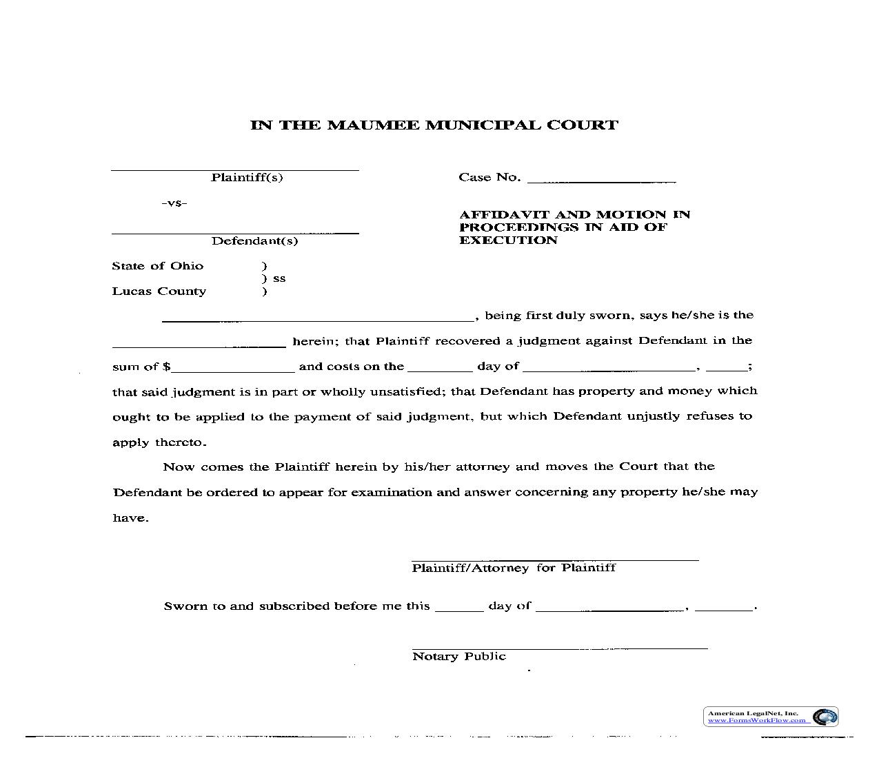 Affidavit And Motion In Proceedings In Aid Of Execution | Pdf Fpdf Doc Docx | Ohio