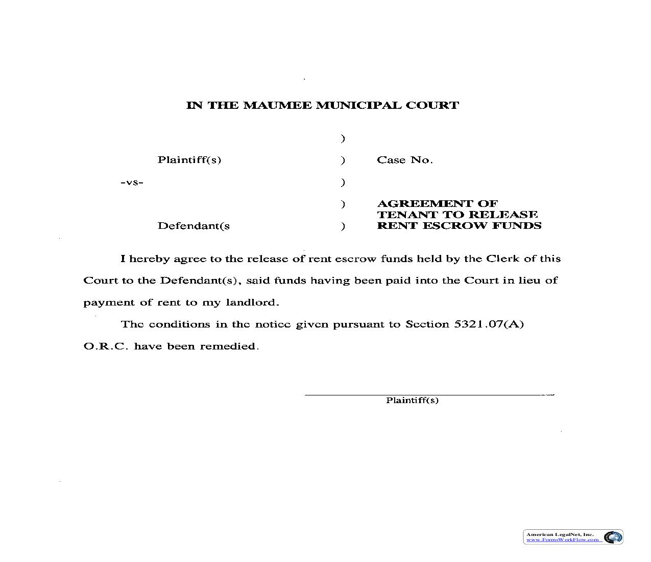 Agreement Of Tenant To Release Rent Escrow Funds | Pdf Fpdf Doc Docx | Ohio