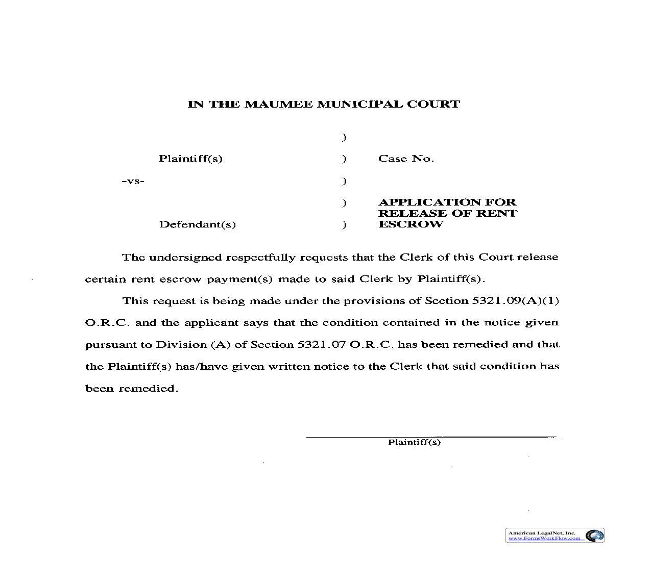 Application For Release Of Rent Escrow | Pdf Fpdf Doc Docx | Ohio