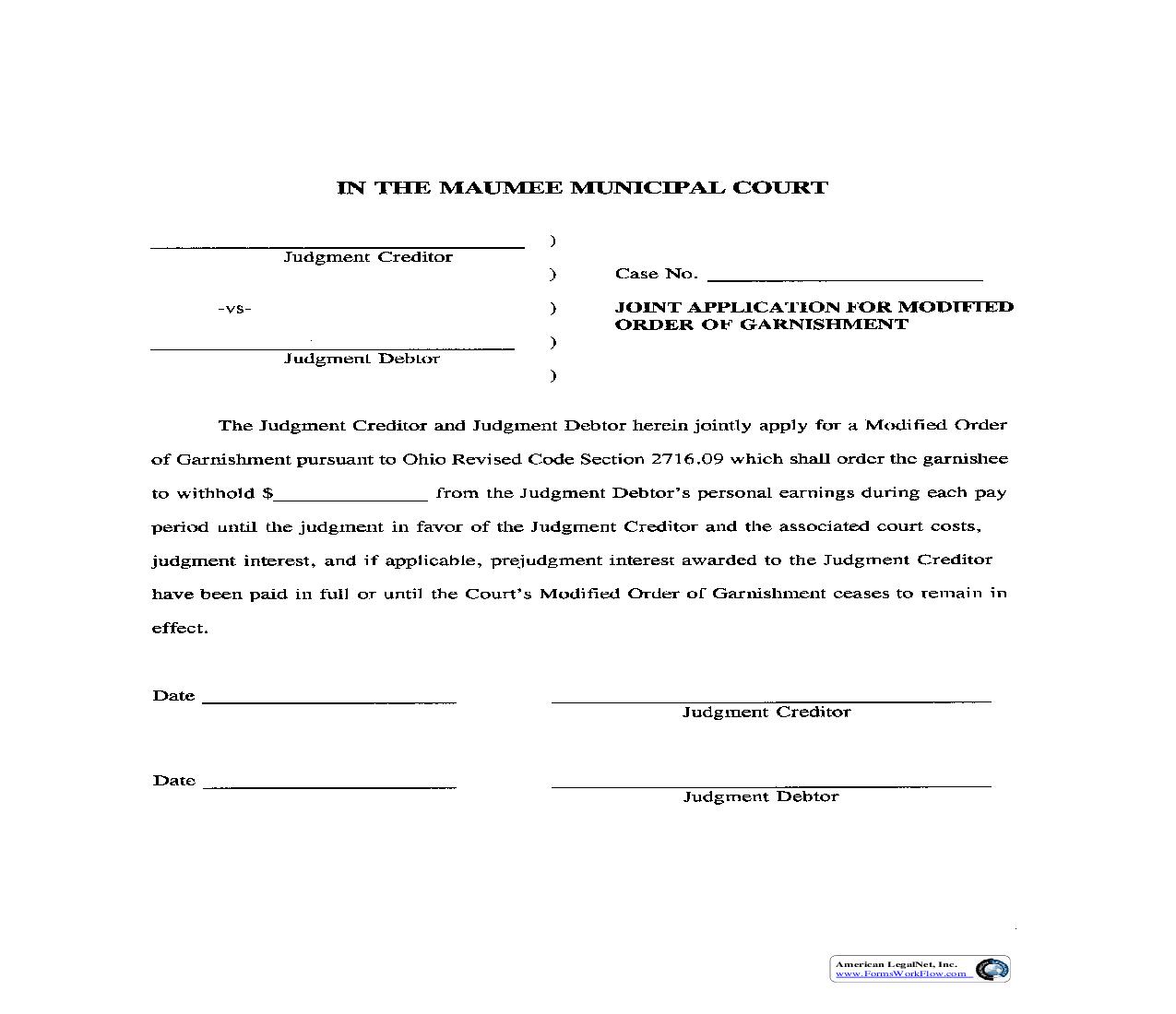 Joint Application For Modified Order Of Garnishment | Pdf Fpdf Doc Docx | Ohio