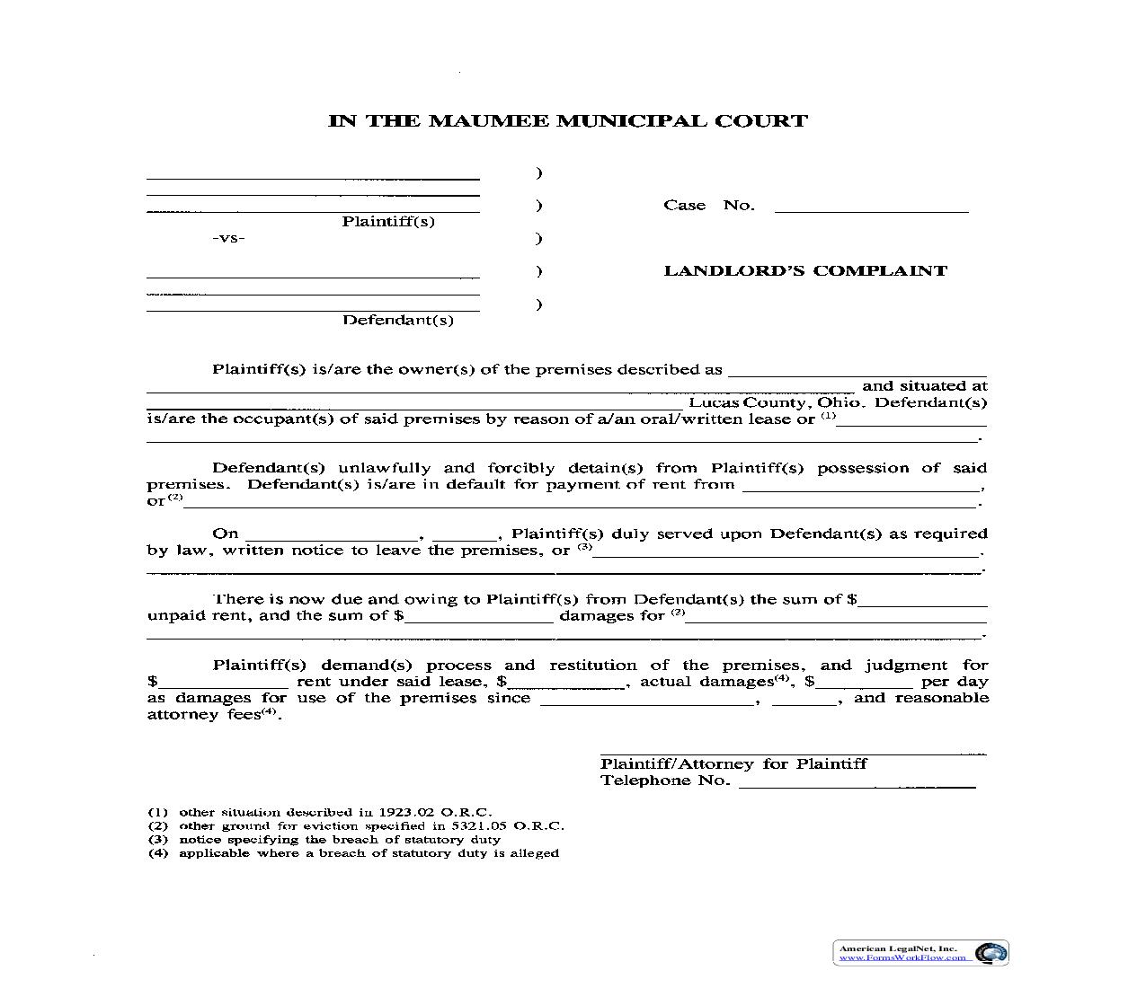 Landlords Complaint | Pdf Fpdf Doc Docx | Ohio