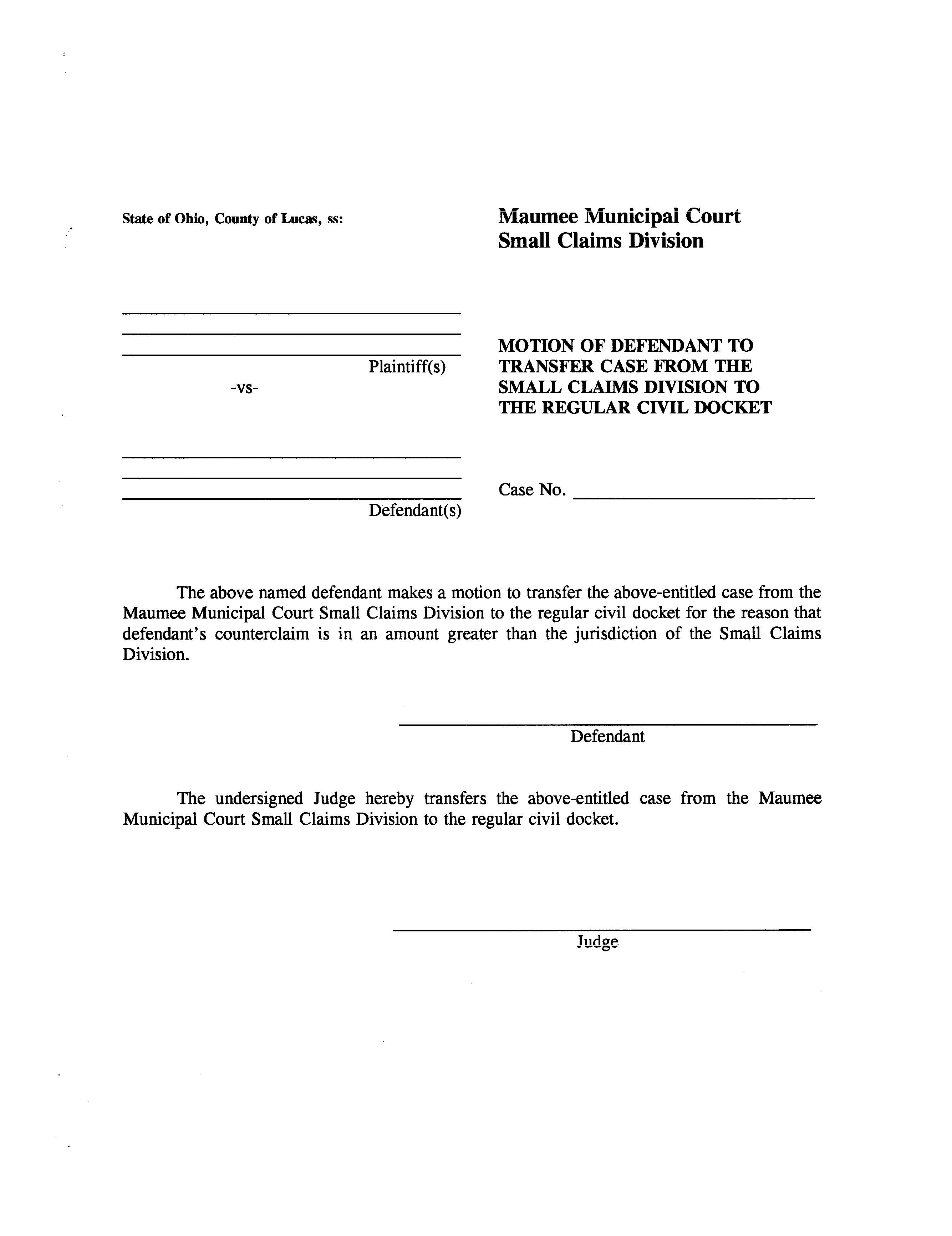 Motion Of Defendant To Transfer Case Small Claims To Regular Civil | Pdf Fpdf Docx | Ohio