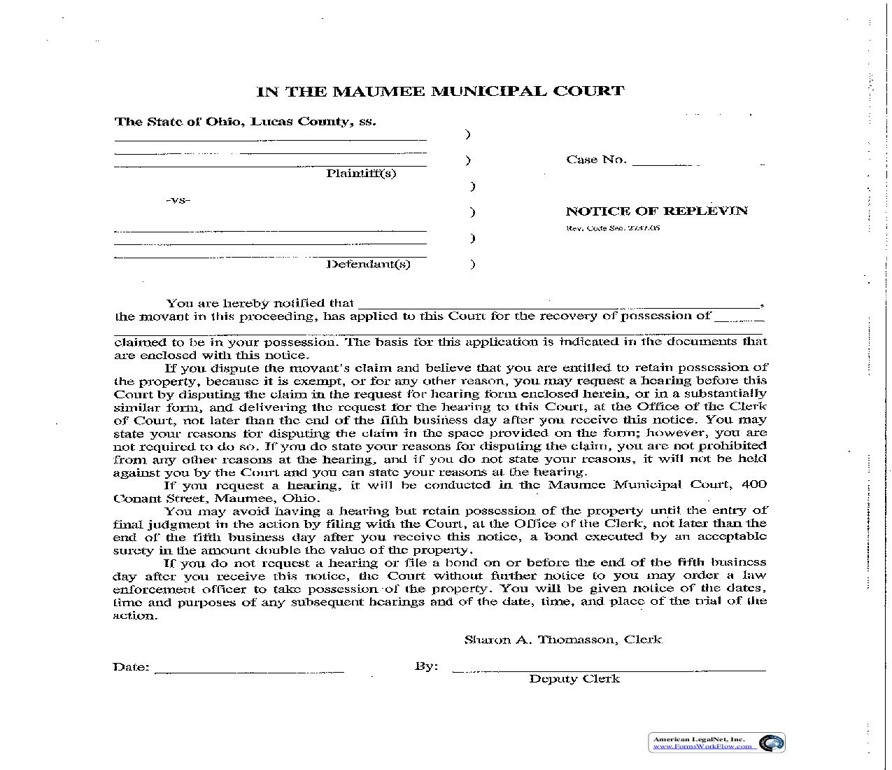 Notice Of Replevin | Pdf Fpdf Doc Docx | Ohio