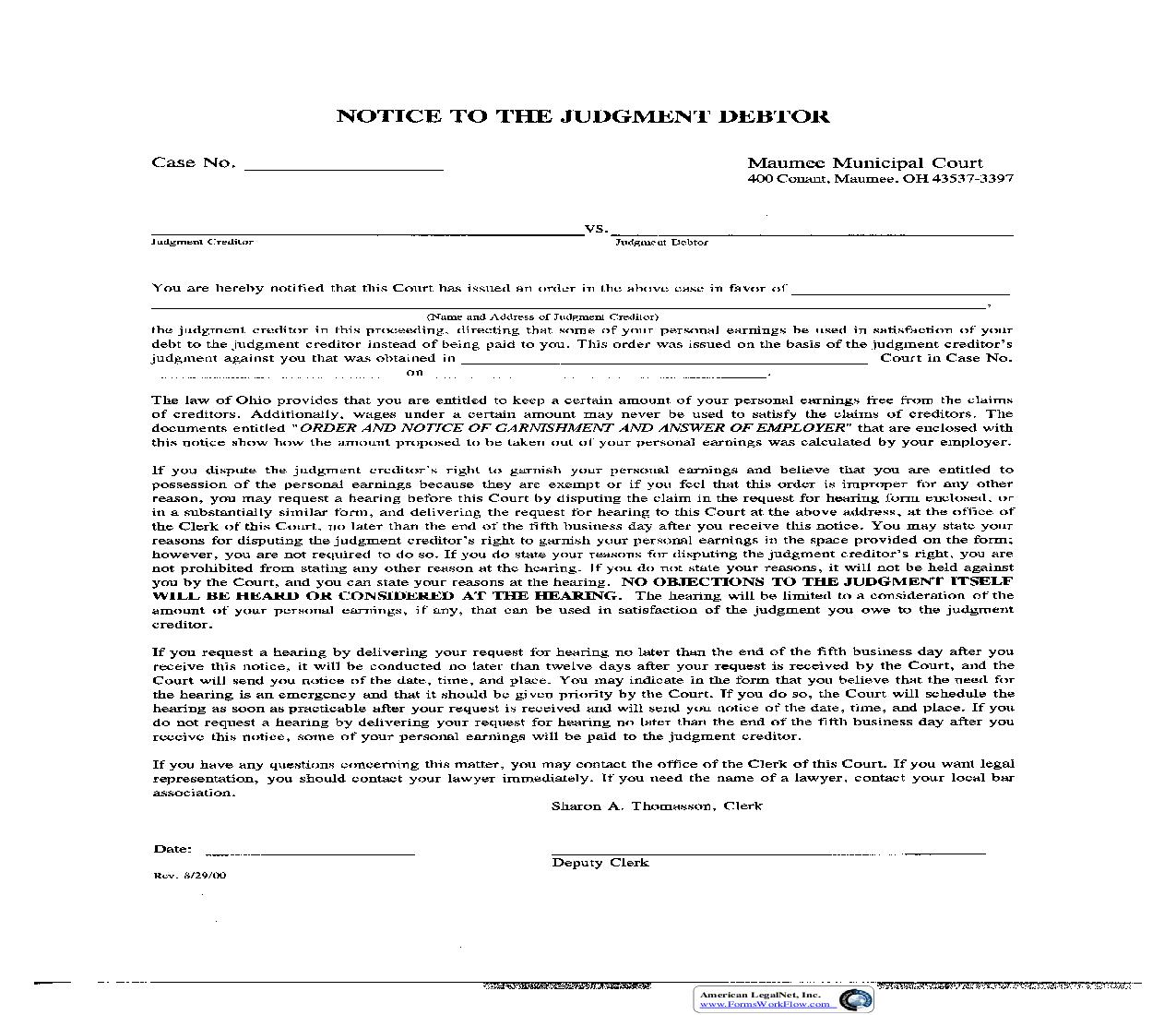 Notice To The Judgment Debtor Of Garnishment Of Personal Earnings | Pdf Fpdf Doc Docx | Ohio