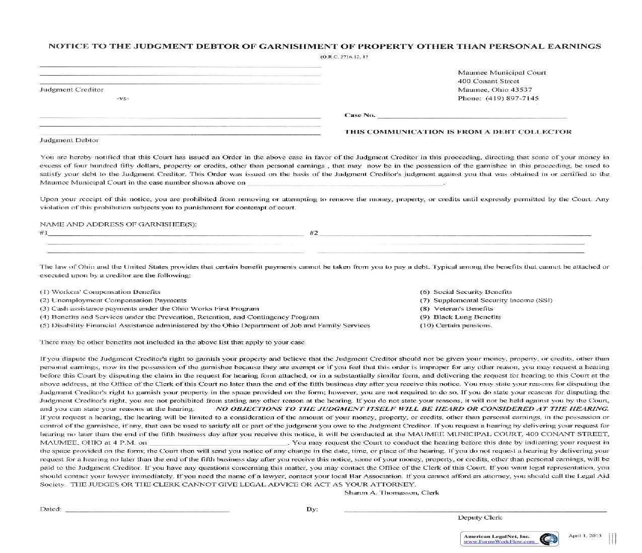Notice To The Judgment Debtor Of Garnishment Of Property Other Than Personal Earnings | Pdf Fpdf Doc Docx | Ohio