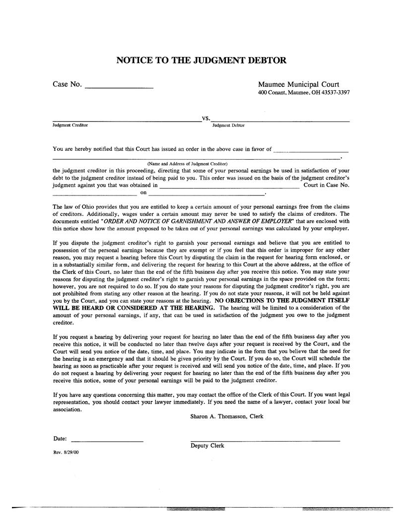 Notice To The Judgment Debtor | Pdf Fpdf Docx | Ohio