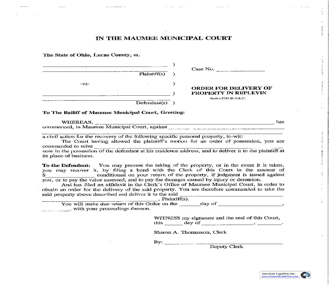 Order For Delivery Of Property In Replevin | Pdf Fpdf Doc Docx | Ohio