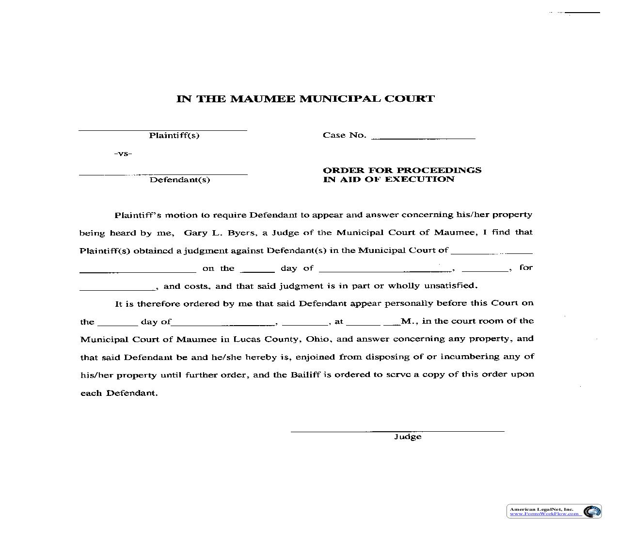 Order For Proceedings In Aid Of Execution | Pdf Fpdf Doc Docx | Ohio