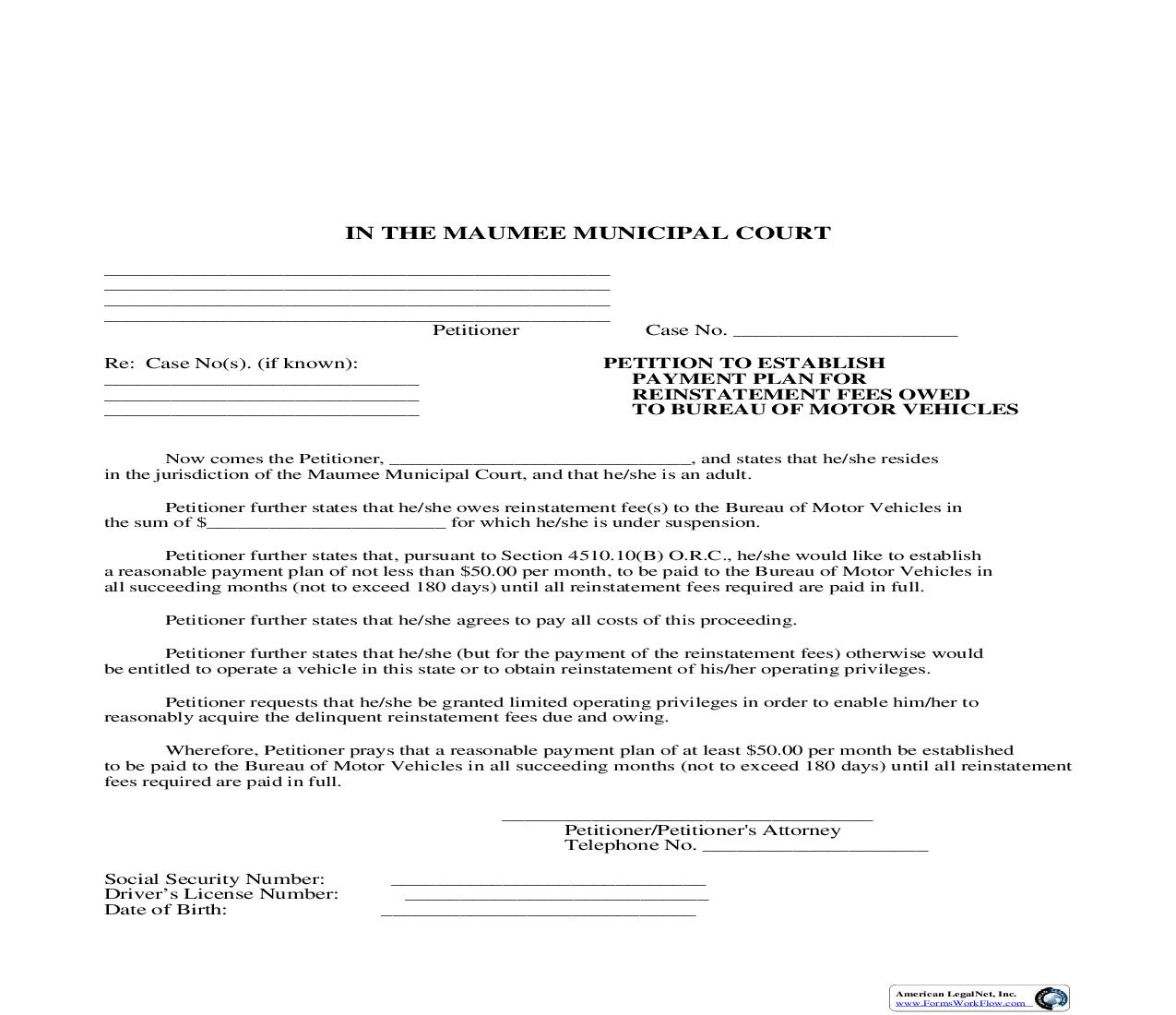 Petition To Establish Payment Plan For Reinstatement Fees Owned To Bureau Of Motor Vehicles | Pdf Fpdf Doc Docx | Ohio