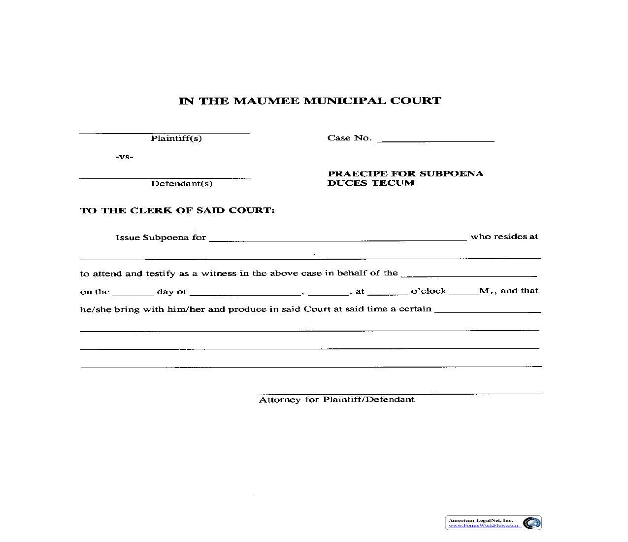 Praecipe For Subpoena Duces Tecum | Pdf Fpdf Doc Docx | Ohio